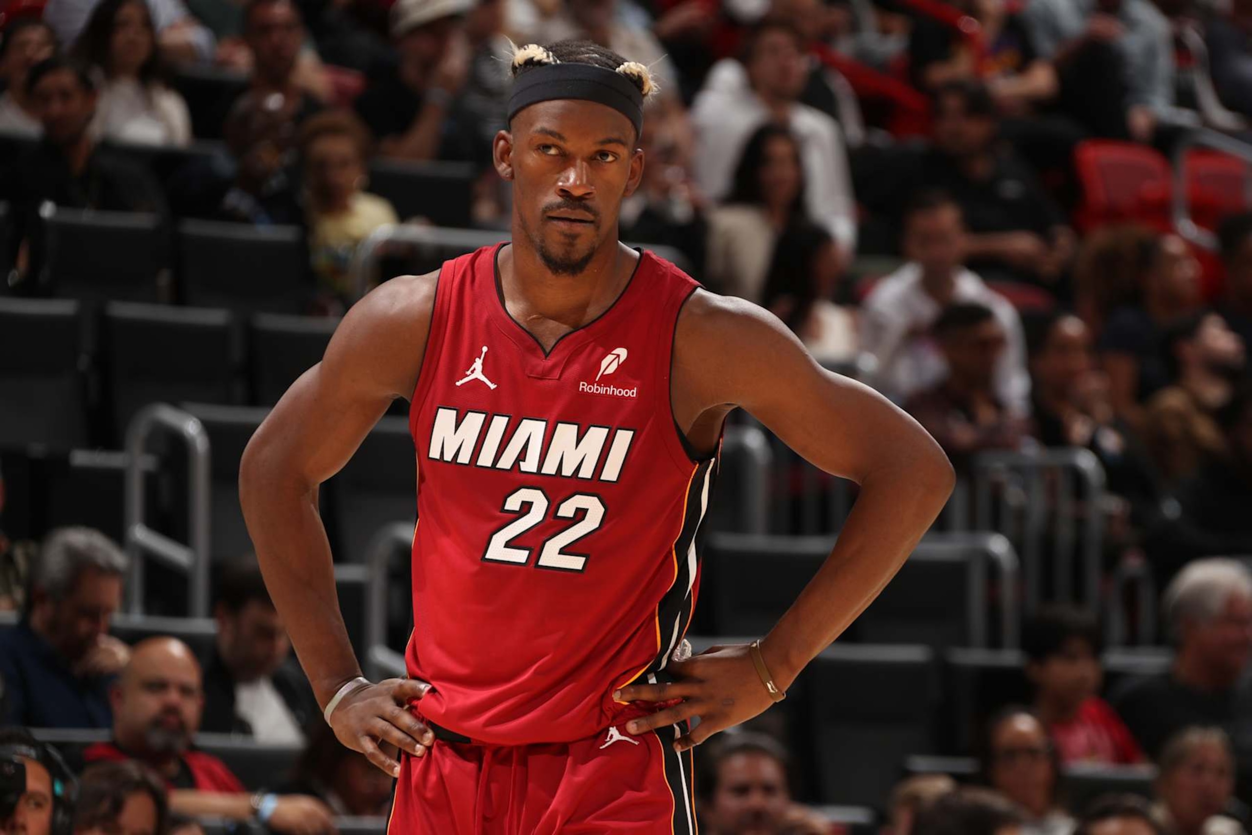 MIAMI, FL - JANUARY 21: Jimmy Butler #22 of the Miami Heat during the game against the Portland Trail Blazers on January 21, 2025 at Kaseya Center in Miami, Florida. NOTE TO USER: User expressly acknowledges and agrees that, by downloading and or using this Photograph, user is consenting to the terms and conditions of the Getty Images License Agreement. Mandatory Copyright Notice: Copyright 2025 NBAE (Photo by Issac Baldizon/NBAE via Getty Images) MIAMI, FL - JANUARY 21: Jimmy Butler #22 of the Miami Heat during the game against the Portland Trail Blazers on January 21, 2025 at Kaseya Center in Miami, Florida. NOTE TO USER: User expressly acknowledges and agrees that, by downloading and or using this Photograph, user is consenting to the terms and conditions of the Getty Images License Agreement. Mandatory Copyright Notice: Copyright 2025 NBAE (Photo by Issac Baldizon/NBAE via Getty Images)