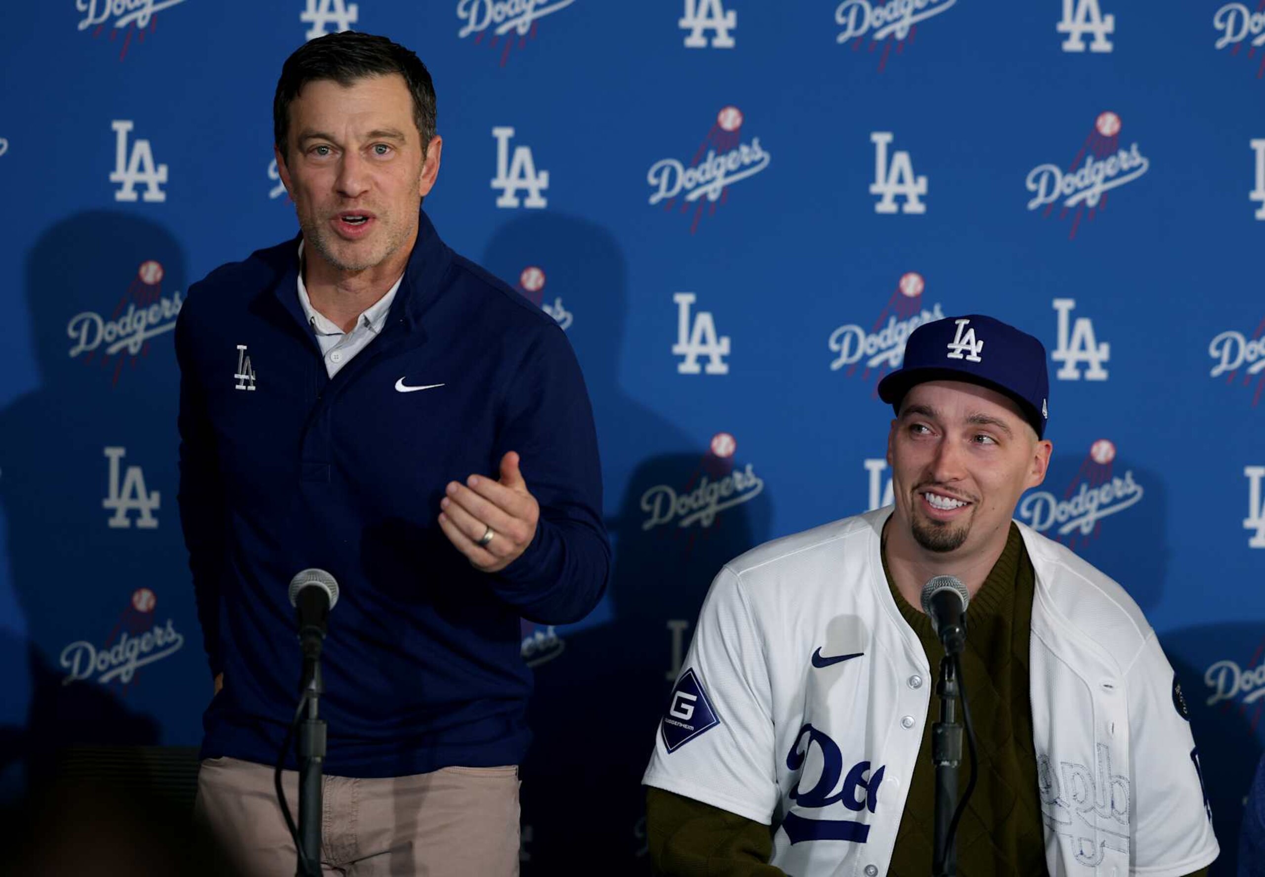 LOS ANGELES, CALIFORNIA - DECEMBER 03: Blake Snell and Andrew Friedman react during a Los Angeles Dodger press conference introducing Snell at Dodger Stadium on December 03, 2024 in Los Angeles, California. (Photo by Harry How/Getty Images) LOS ANGELES, CALIFORNIA - DECEMBER 03: Blake Snell and Andrew Friedman react during a Los Angeles Dodger press conference introducing Snell at Dodger Stadium on December 03, 2024 in Los Angeles, California. (Photo by Harry How/Getty Images)