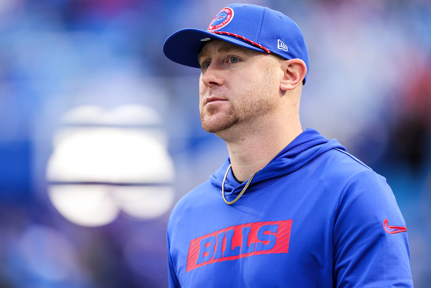 ORCHARD PARK, NEW YORK - DECEMBER 29: Offensive Coordinator Joe Brady of the Buffalo Bills looks on prior to a game against the New York Jets at Highmark Stadium on December 29, 2024 in Orchard Park, New York. (Photo by Bryan Bennett/Getty Images)