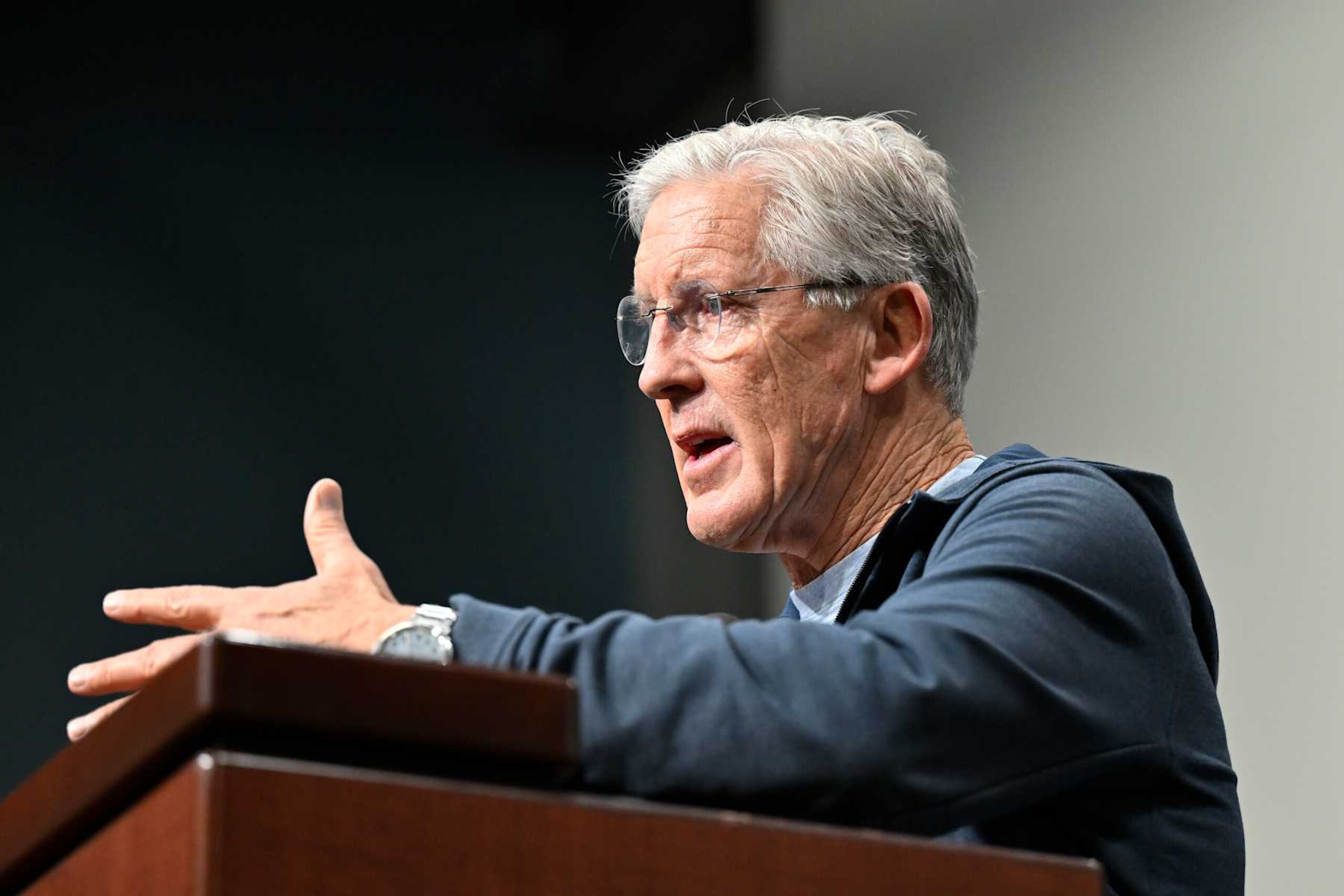 RENTON, WASHINGTON - JANUARY 10: Former Seattle Seahawks head coach Pete Carroll speaks at the Seattle Seahawks press conference at Virginia Mason Athletic Center on January 10, 2024 in Renton, Washington. (Photo by Alika Jenner/Getty Images)