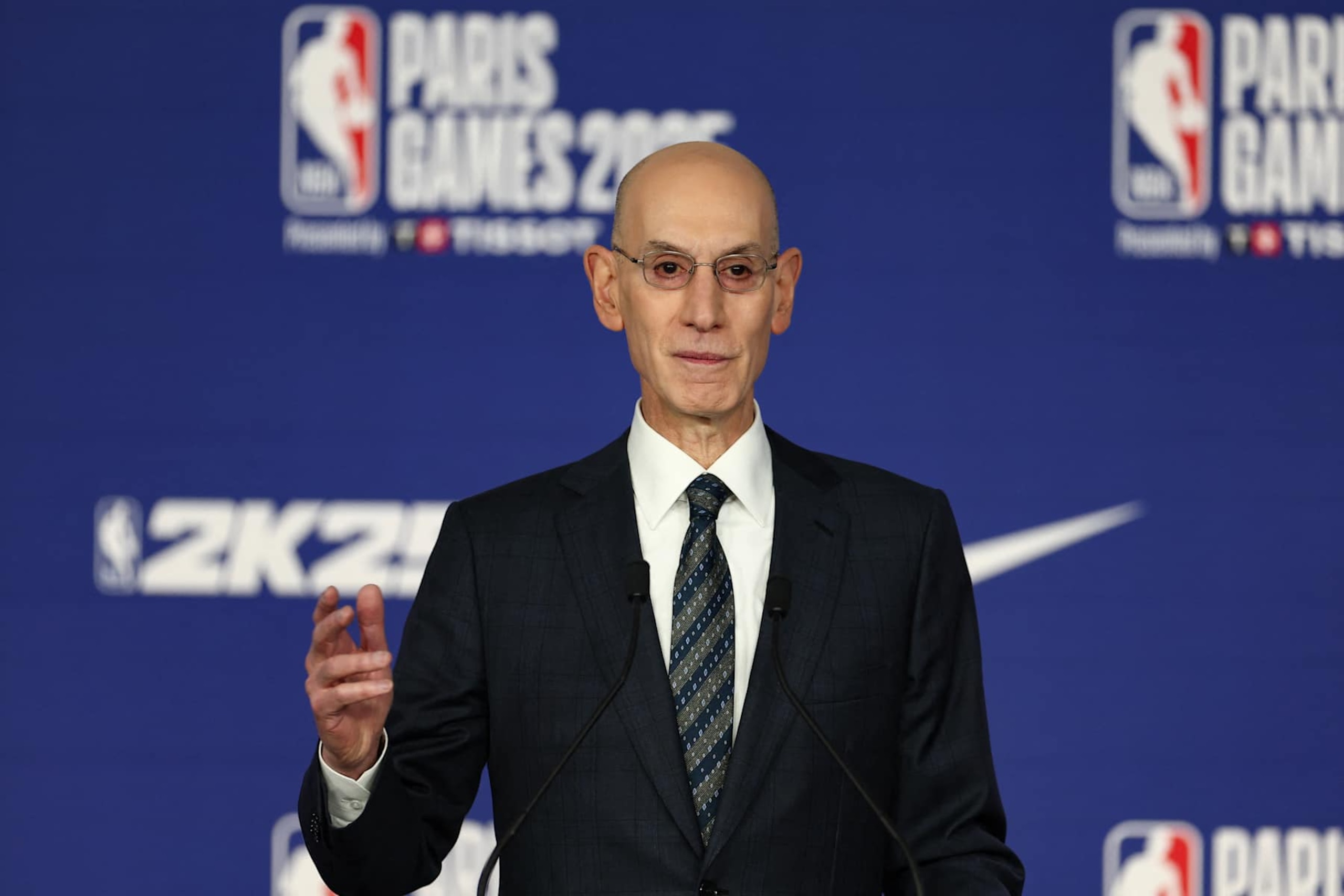 NBA commissioner Adam Silver delivers remarks during a press conference prior to the NBA basketball game between the Indiana Pacers and the San Antonio Spurs at the Accor Arena - Palais Omnisports de Paris-Bercy - in Paris on January 23, 2025. (Photo by FRANCK FIFE / AFP) (Photo by FRANCK FIFE/AFP via Getty Images)