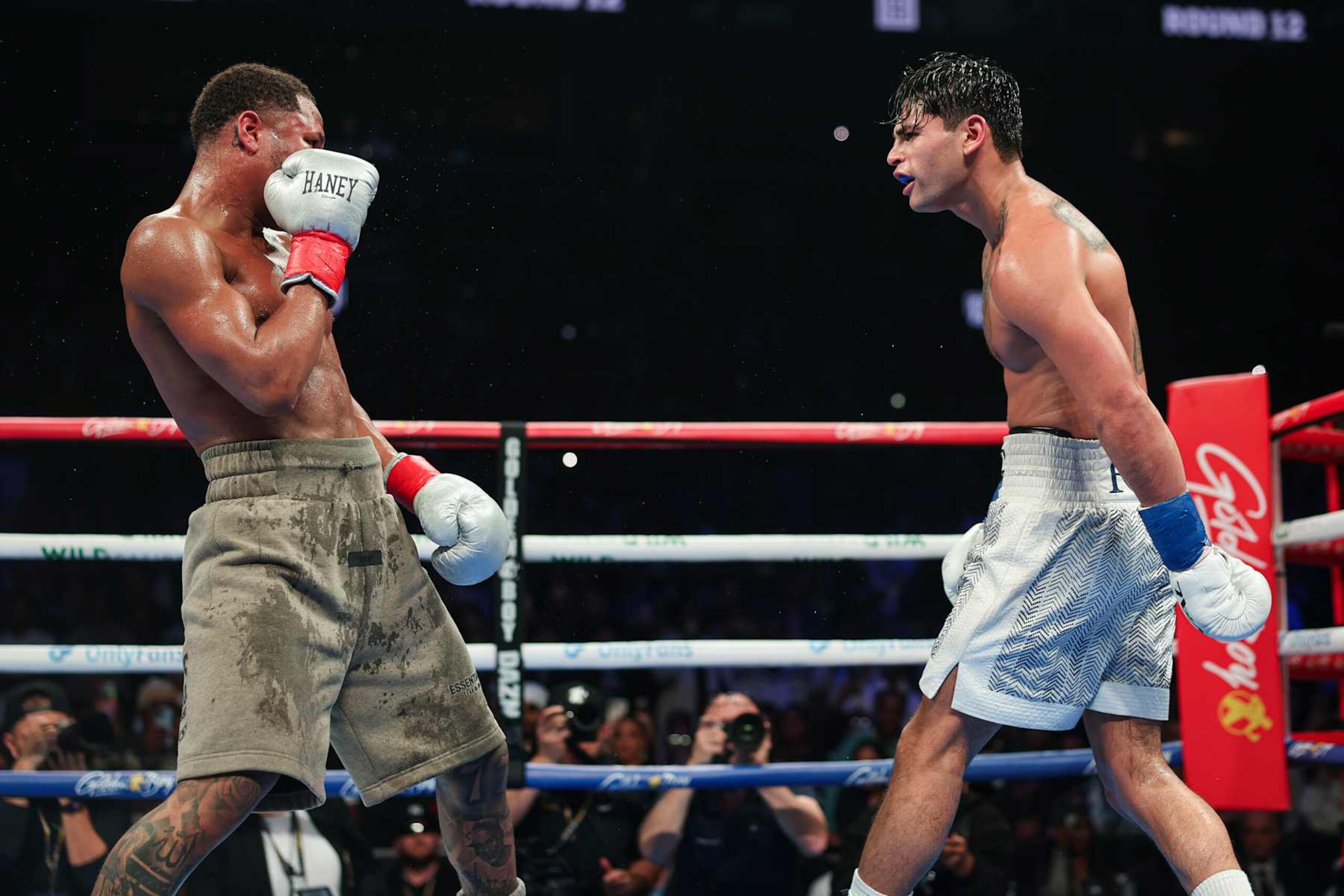 NEW YORK, NEW YORK - APRIL 20: Ryan Garcia reacts during a fight against Devin Haney at Barclays Center on April 20, 2024 in New York City.  (Photo by Cris Esqueda/Golden Boy/Getty Images)