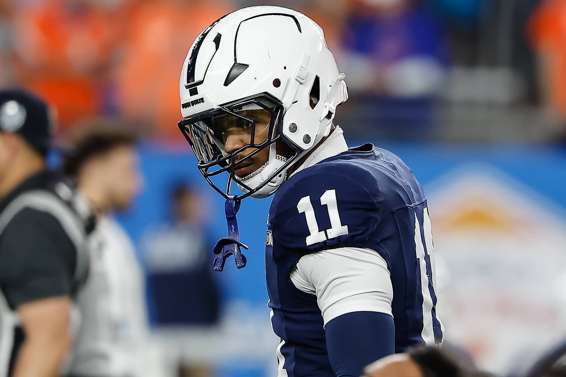 GLENDALE, AZ - DECEMBER 31:  Defensive End Abdul Carter #11 of the Penn State Nittany Lions looks on before the Penn State Nittany Lions versus Boise State Broncos College Football Playoff Quarterfinal at the Vrbo Fiesta Bowl on December 31,2024, at State Farm Stadium in Glendale, AZ.  (Photo by Kevin Abele/Icon Sportswire via Getty Images)