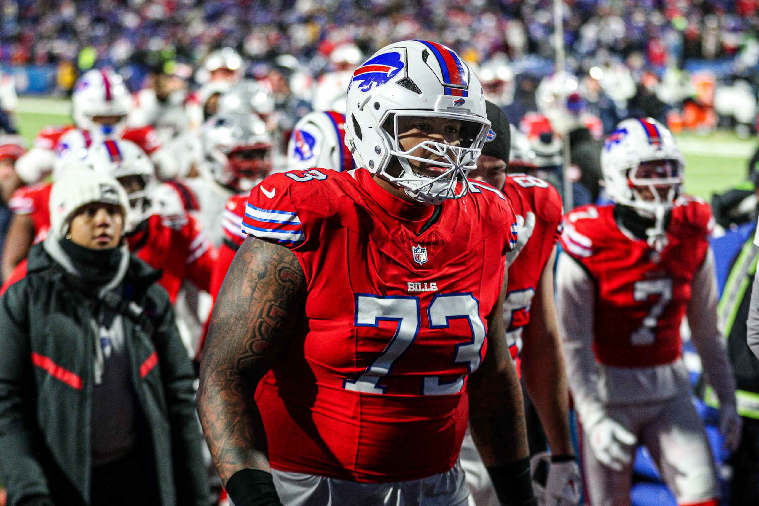 ORCHARD PARK, NEW YORK - DECEMBER 22: Dion Dawkins #73 of the Buffalo Bills looks on after the second quarter against the New England Patriots at Highmark Stadium on December 22, 2024 in Orchard Park, New York. (Photo by Bryan Bennett/Getty Images) ORCHARD PARK, NEW YORK - DECEMBER 22: Dion Dawkins #73 of the Buffalo Bills looks on after the second quarter against the New England Patriots at Highmark Stadium on December 22, 2024 in Orchard Park, New York. (Photo by Bryan Bennett/Getty Images)