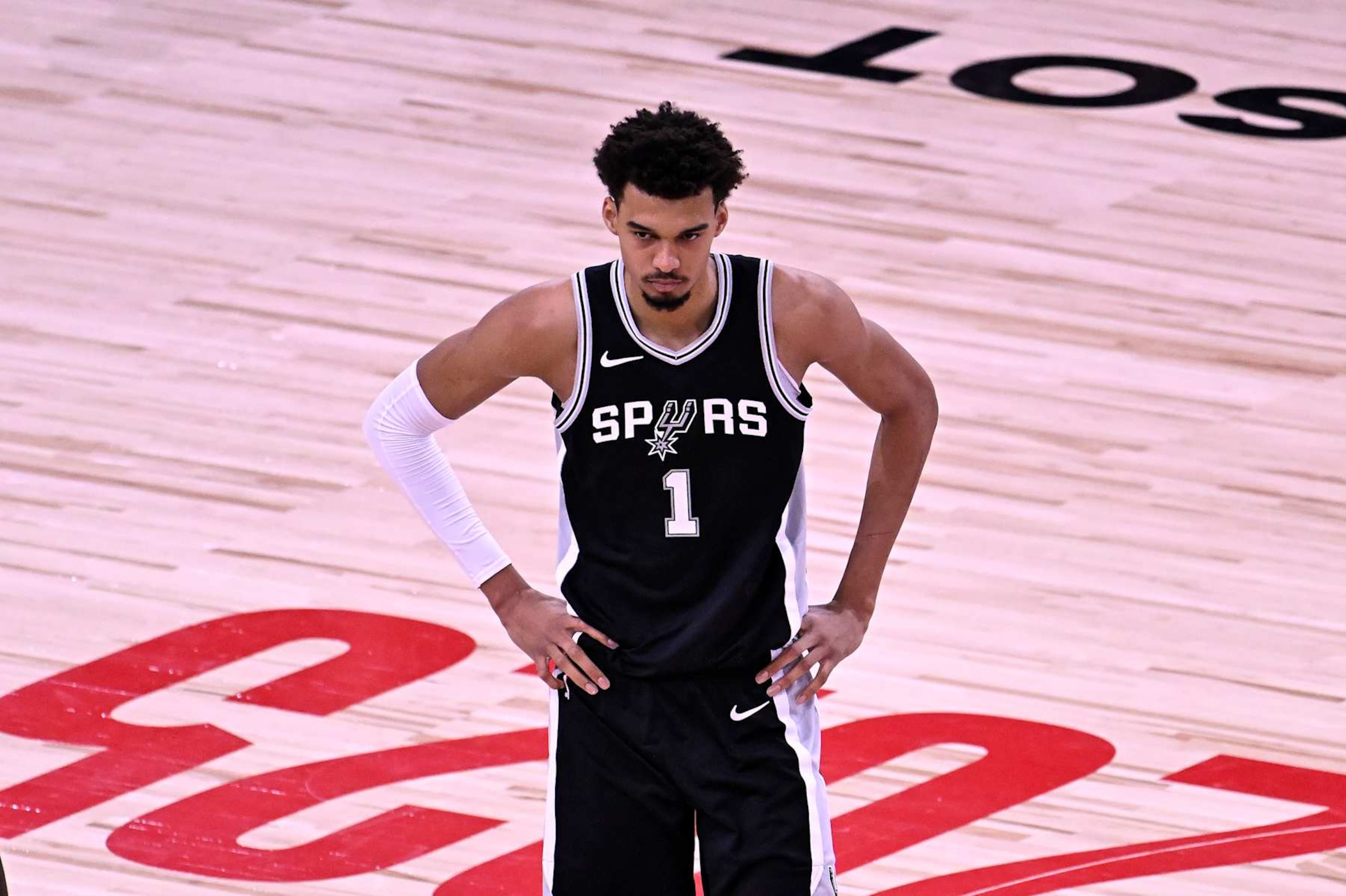 PARIS, FRANCE - JANUARY 23: Victor Wembanyama #1 of the San Antonio Spurs looks on against the Indiana Pacers in the game at the Accor Arena on January 23, 2025 in Paris, France. (Photo by Aurelien Meunier/Getty Images)