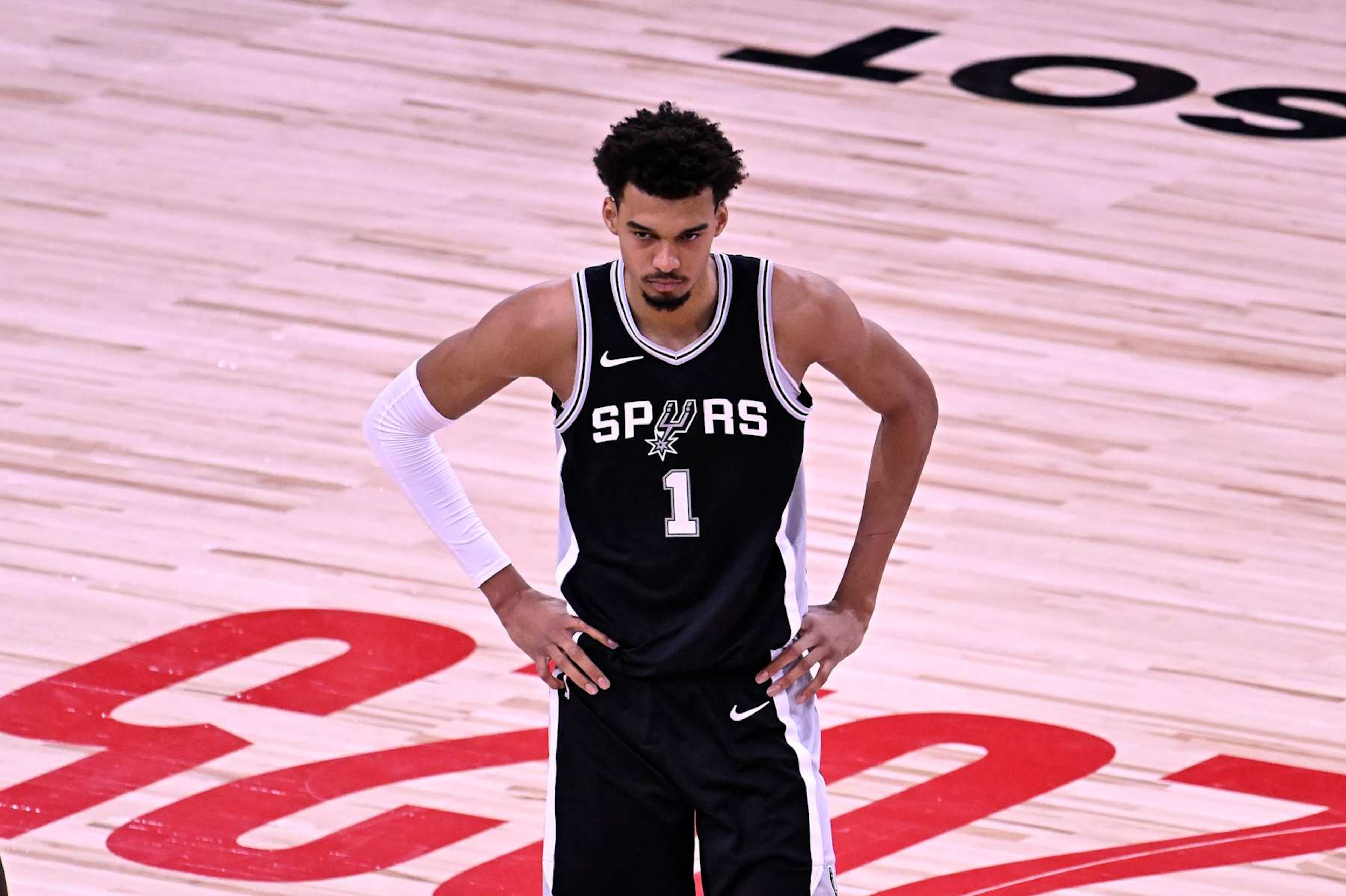 PARIS, FRANCE - JANUARY 23: Victor Wembanyama #1 of the San Antonio Spurs looks on against the Indiana Pacers in the game at the Accor Arena on January 23, 2025 in Paris, France. (Photo by Aurelien Meunier/Getty Images)