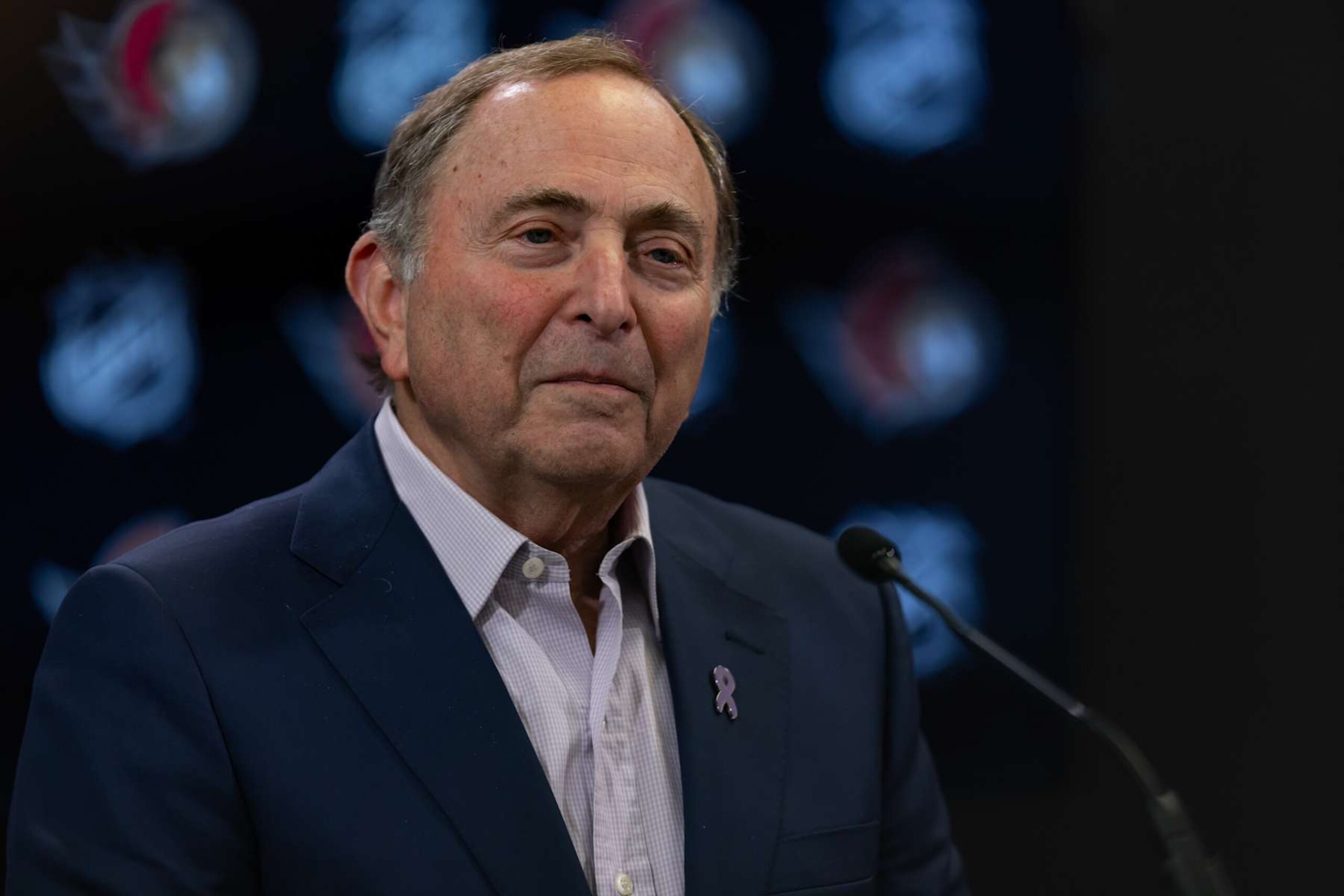 OTTAWA, ON - NOVEMBER 19: NHL commissioner Gary Bettman speaks to the media before National Hockey League action between the Edmonton Oilers and Ottawa Senators on November 19, 2024, at Canadian Tire Centre in Ottawa, ON, Canada. (Photo by Richard A. Whittaker/Icon Sportswire via Getty Images) OTTAWA, ON - NOVEMBER 19: NHL commissioner Gary Bettman speaks to the media before National Hockey League action between the Edmonton Oilers and Ottawa Senators on November 19, 2024, at Canadian Tire Centre in Ottawa, ON, Canada. (Photo by Richard A. Whittaker/Icon Sportswire via Getty Images)