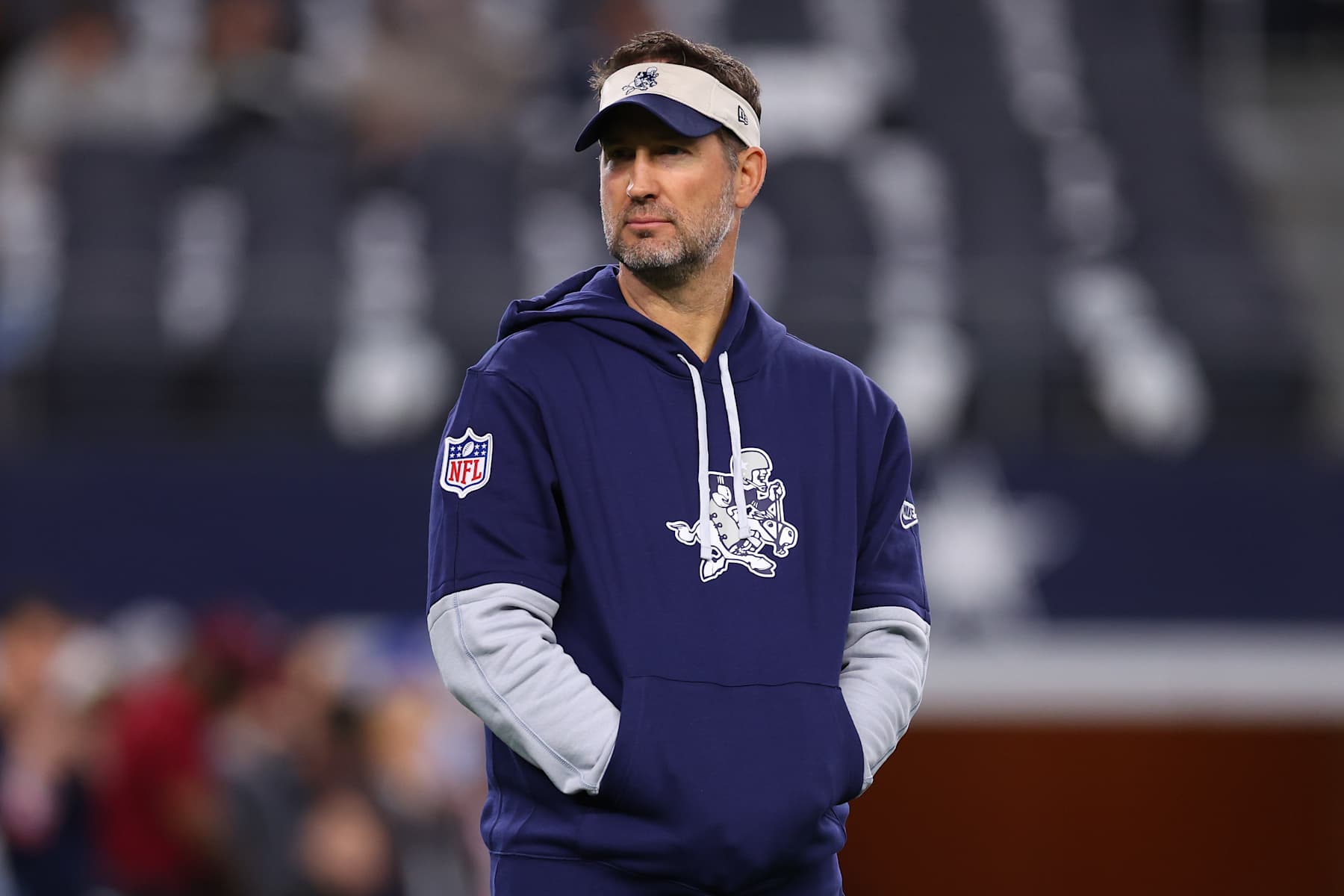 ARLINGTON, TEXAS - NOVEMBER 28: Dallas Cowboys offensive coordinator Brian Schottenheimer looks on prior to the game against the New York Giants at AT&T Stadium on November 28, 2024 in Arlington, Texas. (Photo by Sam Hodde/Getty Images)