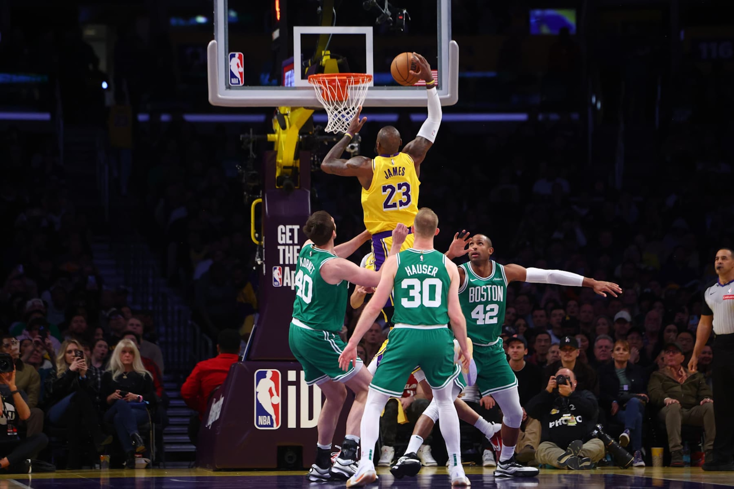 INGLEWOOD, CA - JANUARY 23: LeBron James #23 of the Los Angeles Lakers dunks the ball during the game against the Boston Celtics on January 23, 2025 at Intuit Dome in Los Angeles, California. NOTE TO USER: User expressly acknowledges and agrees that, by downloading and/or using this Photograph, user is consenting to the terms and conditions of the Getty Images License Agreement. Mandatory Copyright Notice: Copyright 2024 NBAE (Photo by Jessie Alcheh/NBAE via Getty Images) INGLEWOOD, CA - JANUARY 23: LeBron James #23 of the Los Angeles Lakers dunks the ball during the game against the Boston Celtics on January 23, 2025 at Intuit Dome in Los Angeles, California. NOTE TO USER: User expressly acknowledges and agrees that, by downloading and/or using this Photograph, user is consenting to the terms and conditions of the Getty Images License Agreement. Mandatory Copyright Notice: Copyright 2024 NBAE (Photo by Jessie Alcheh/NBAE via Getty Images)