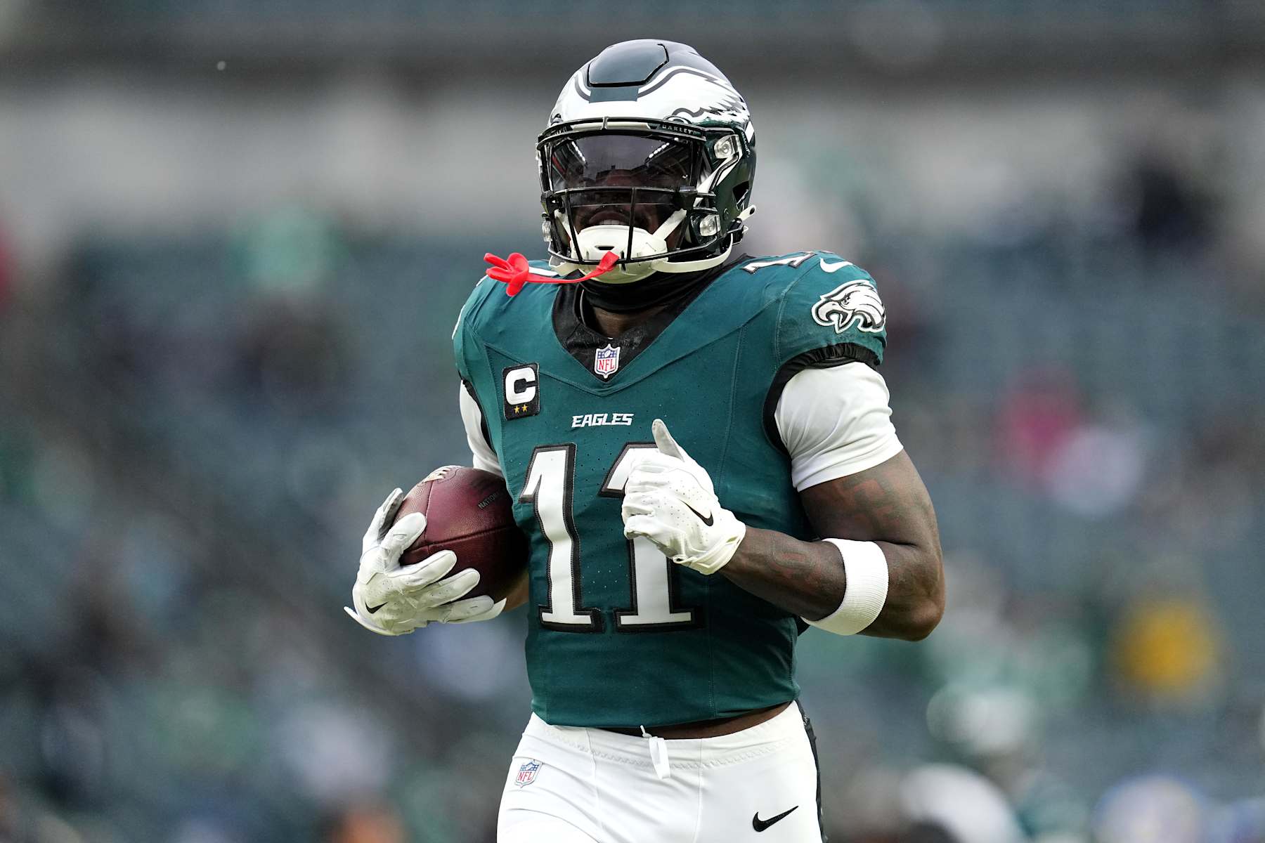 PHILADELPHIA, PENNSYLVANIA - JANUARY 19: A.J. Brown #11 of the Philadelphia Eagles warms up before the game against the Los Angeles Rams during the NFC Divisional Playoff at Lincoln Financial Field on January 19, 2025 in Philadelphia, Pennsylvania. (Photo by Mitchell Leff/Getty Images)