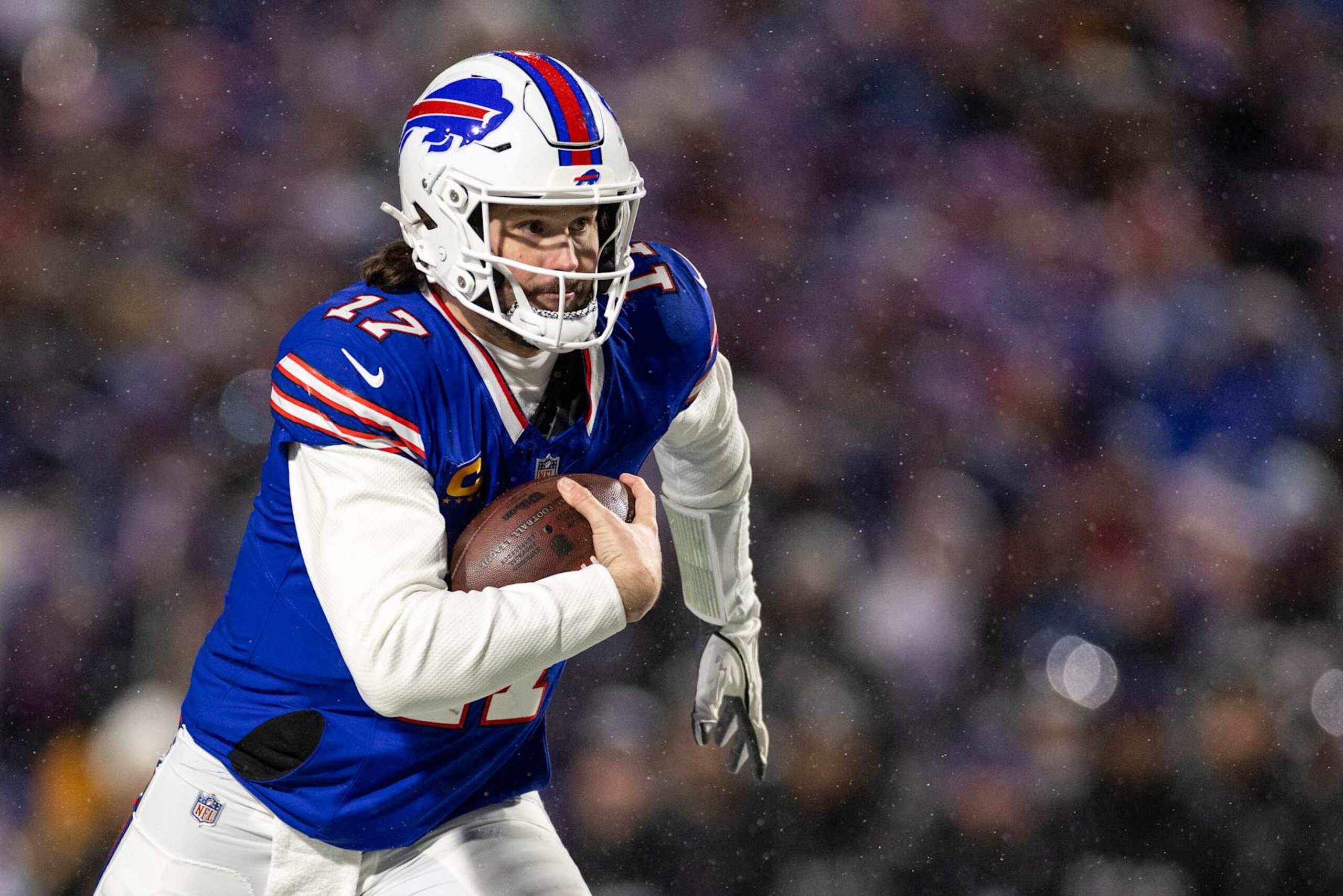ORCHARD PARK, NEW YORK - JANUARY 19: Josh Allen #17 of the Buffalo Bills runs with the ball during an NFL Football game against the Baltimore Ravens at Highmark Stadium on January 19, 2025 in Orchard Park, New York. (Photo by Michael Owens/Getty Images) ORCHARD PARK, NEW YORK - JANUARY 19: Josh Allen #17 of the Buffalo Bills runs with the ball during an NFL Football game against the Baltimore Ravens at Highmark Stadium on January 19, 2025 in Orchard Park, New York. (Photo by Michael Owens/Getty Images)