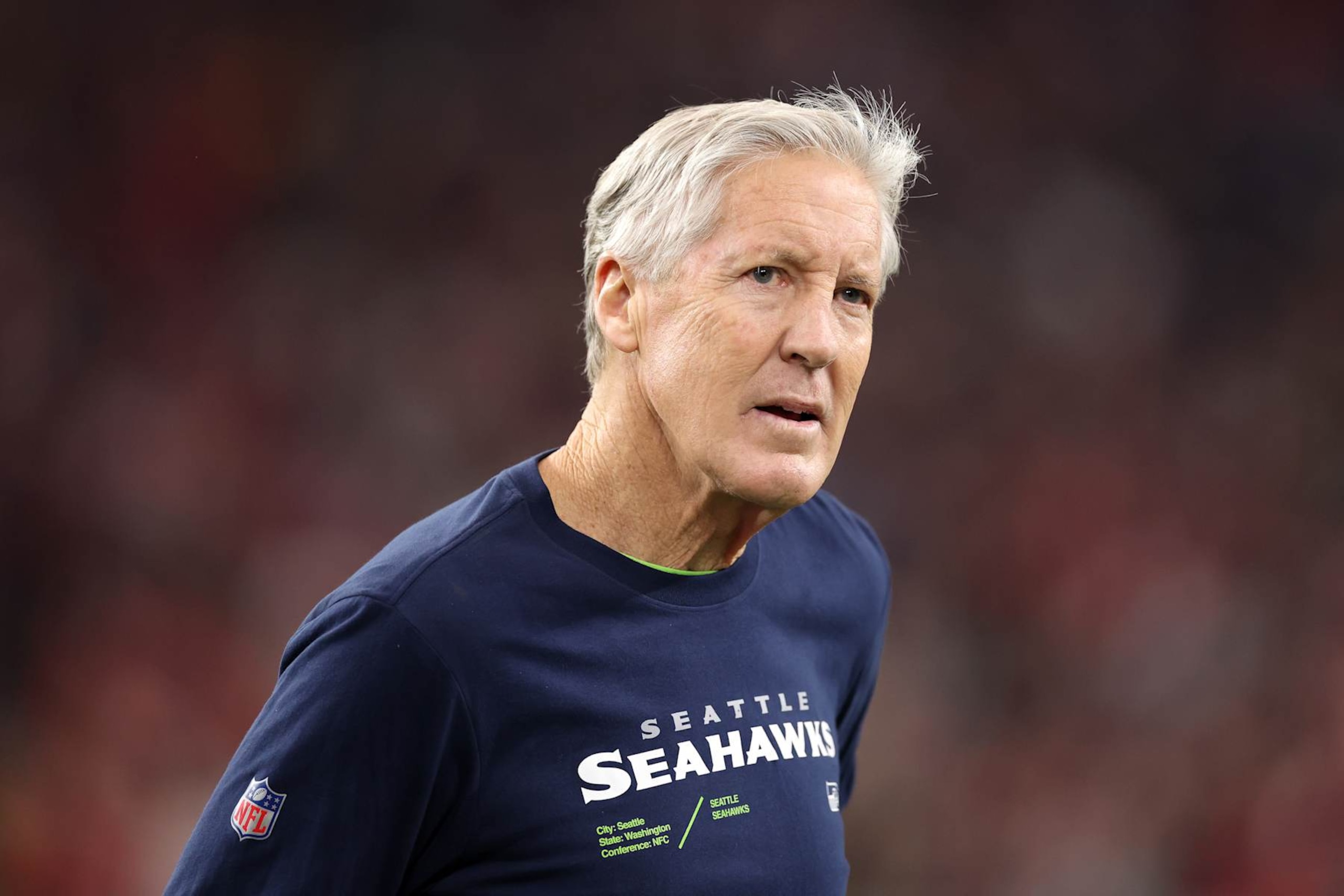 GLENDALE, ARIZONA - JANUARY 07: Seattle Seahawks head coach Pete Carroll looks on from the sideline during the third quarter against the Arizona Cardinals at State Farm Stadium on January 07, 2024 in Glendale, Arizona. (Photo by Christian Petersen/Getty Images)