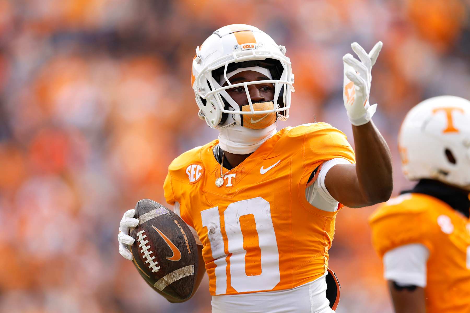 KNOXVILLE, TENNESSEE - NOVEMBER 23: Mike Matthews #10 of the Tennessee Volunteers celebrates after a first down catch during the first half of the game between the Tennessee Volunteers and the UTEP Miners at Neyland Stadium on November 23, 2024 in Knoxville, Tennessee.  (Photo by Johnnie Izquierdo/Getty Images)