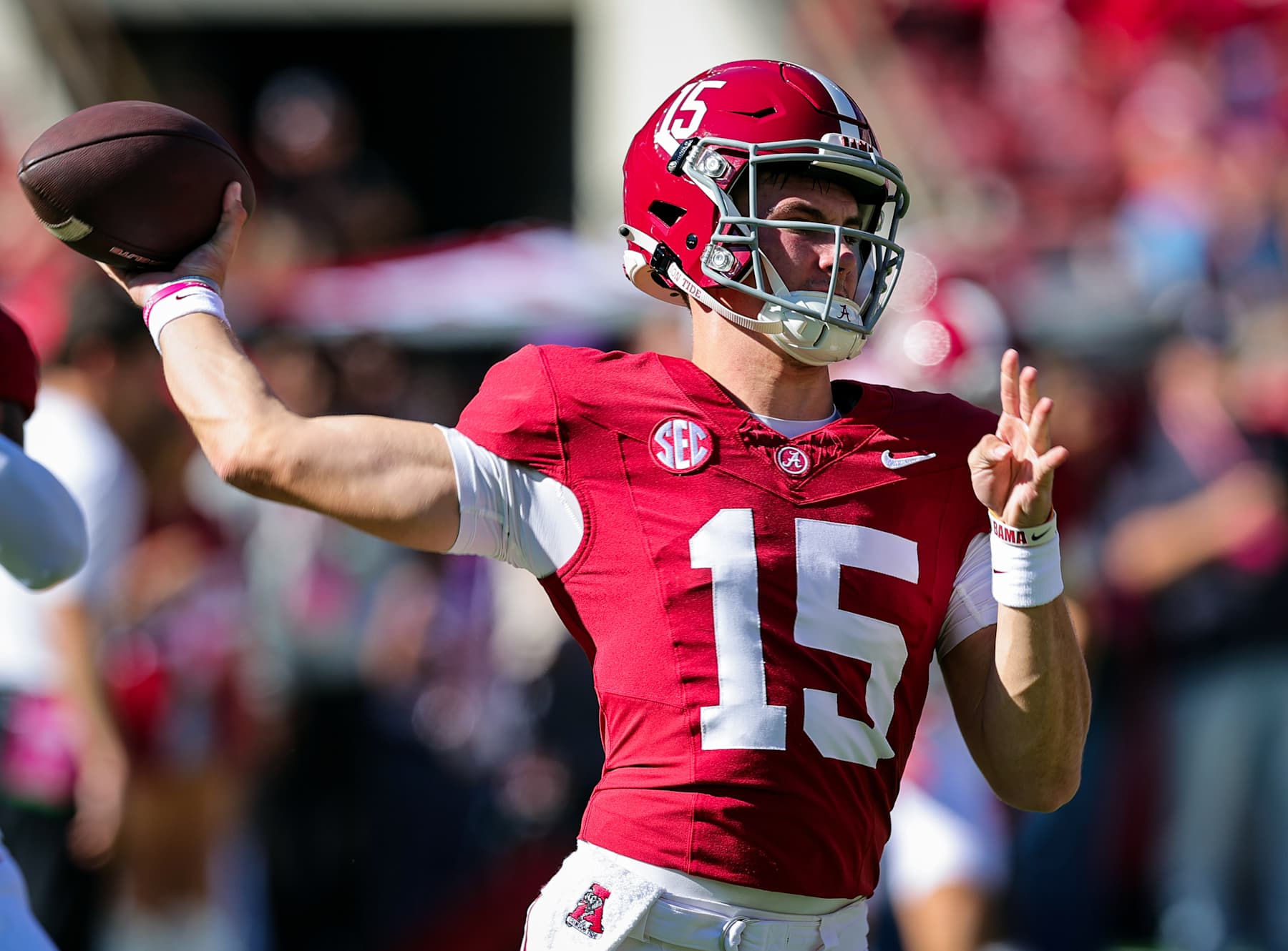 TUSCALOOSA, ALABAMA - NOVEMBER 16: Ty Simpson #15 of the Alabama Crimson Tide warms up prior to kickoff against the Mercer Bears at Bryant-Denny Stadium on November 16, 2024 in Tuscaloosa, Alabama. (Photo by Brandon Sumrall/Getty Images)