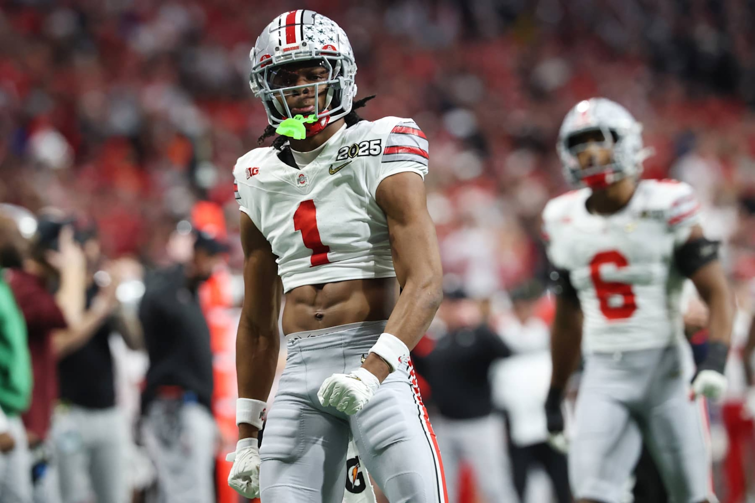 ATLANTA, GEORGIA - JANUARY 20: Quinshon Judkins #1 of the Ohio State Buckeyes reacts in the second quarter of the 2025 CFP National Championship Game against the Notre Dame Fighting Irish at Mercedes-Benz Stadium on January 20, 2025 in Atlanta, Georgia. (Photo by CFP/Getty Images)