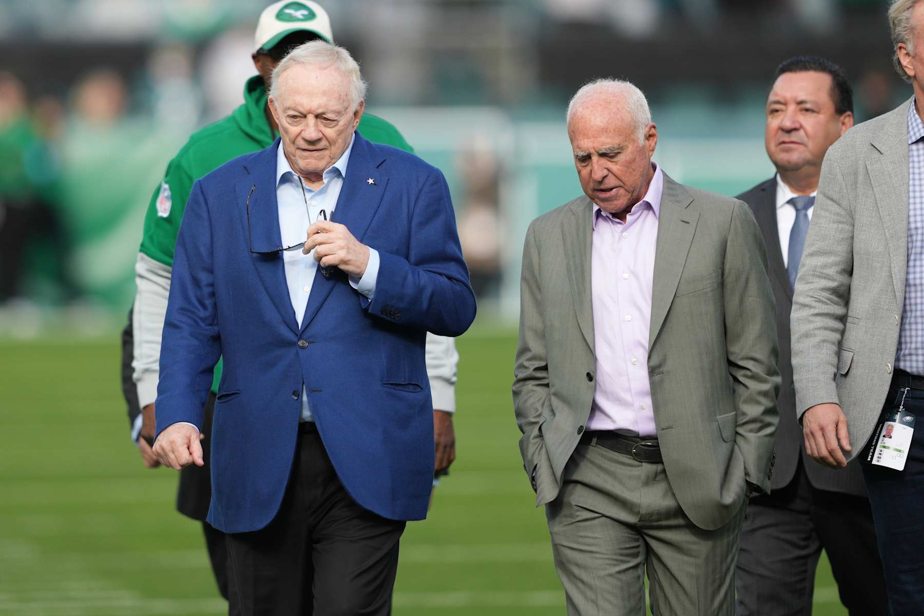 PHILADELPHIA, PA - DECEMBER 29: Dallas Cowboys owner Jerry Jones chats with Philadelphia Eagles Owner Jeffrey Lurie during the game between the Philadelphia Eagles and the Dallas Cowboys on December 29, 2024 at Lincoln Financial Field in Philadelphia, PA.(Photo by Andy Lewis/Icon Sportswire via Getty Images)