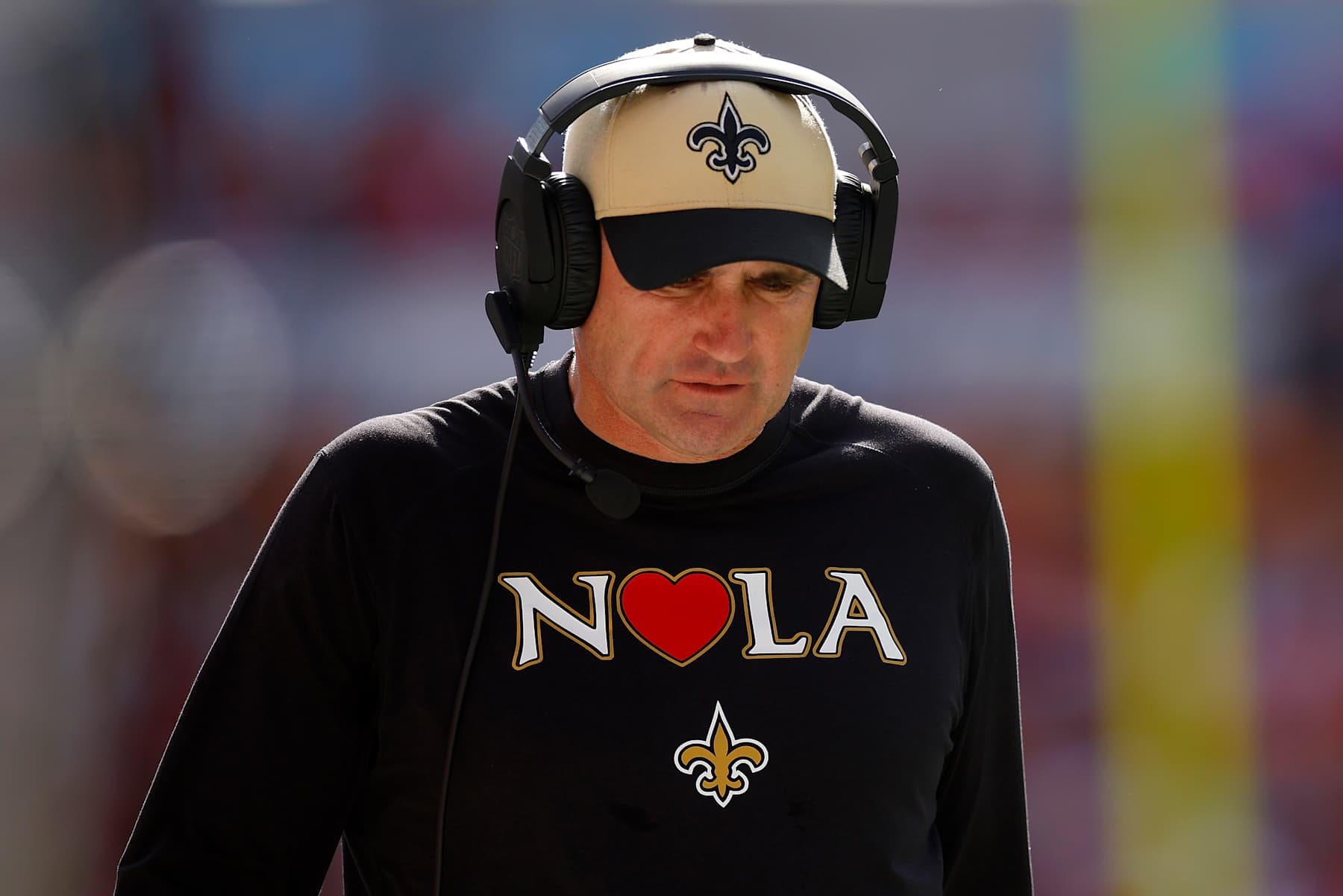 TAMPA, FLORIDA - JANUARY 05: New Orleans Saints head coach Darren Rizzi walks the sidelines during the second quarter of the game against the Tampa Bay Buccaneers at Raymond James Stadium on January 05, 2025 in Tampa, Florida. (Photo by Mike Ehrmann/Getty Images)