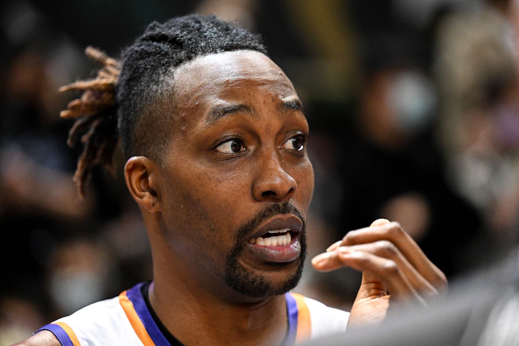 TAIPEI, TAIWAN - FEBRUARY 19: Center Dwight Howard #12 of the Taoyuan Leopard reacts at the courtduring the T1 League game between TaiwanBeer HeroBears and Taoyuan Leopards at University of Taipei Tianmu Gymnasium on February 19, 2023 in Taipei, Taiwan. (Photo by Gene Wang/Getty Images)