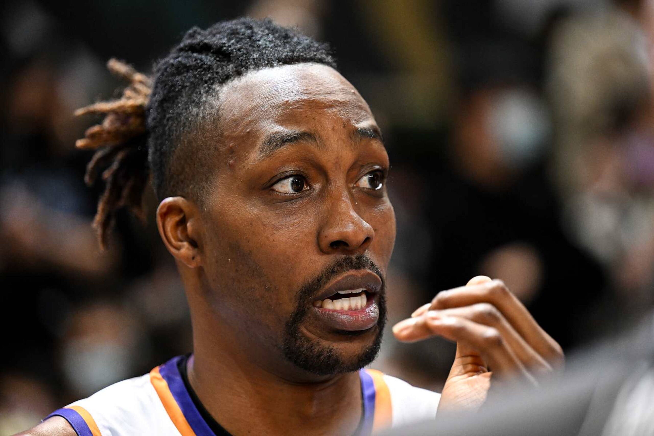 TAIPEI, TAIWAN - FEBRUARY 19: Center Dwight Howard #12 of the Taoyuan Leopard reacts at the courtduring the T1 League game between TaiwanBeer HeroBears and Taoyuan Leopards at University of Taipei Tianmu Gymnasium on February 19, 2023 in Taipei, Taiwan. (Photo by Gene Wang/Getty Images) TAIPEI, TAIWAN - FEBRUARY 19: Center Dwight Howard #12 of the Taoyuan Leopard reacts at the courtduring the T1 League game between TaiwanBeer HeroBears and Taoyuan Leopards at University of Taipei Tianmu Gymnasium on February 19, 2023 in Taipei, Taiwan. (Photo by Gene Wang/Getty Images)