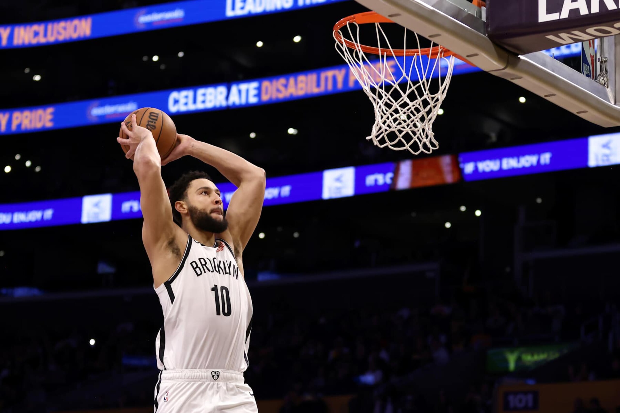 LOS ANGELES, CALIFORNIA - JANUARY 17: Ben Simmons #10 of the Brooklyn Nets dunks the ball during the first quarter against the Los Angeles Lakers at Crypto.com Arena on January 17, 2025 in Los Angeles, California. NOTE TO USER: User expressly acknowledges and agrees that, by downloading and/or using this Photograph, user is consenting to the terms and conditions of the Getty Images License Agreement. (Photo by Katelyn Mulcahy/Getty Images) LOS ANGELES, CALIFORNIA - JANUARY 17: Ben Simmons #10 of the Brooklyn Nets dunks the ball during the first quarter against the Los Angeles Lakers at Crypto.com Arena on January 17, 2025 in Los Angeles, California. NOTE TO USER: User expressly acknowledges and agrees that, by downloading and/or using this Photograph, user is consenting to the terms and conditions of the Getty Images License Agreement. (Photo by Katelyn Mulcahy/Getty Images)