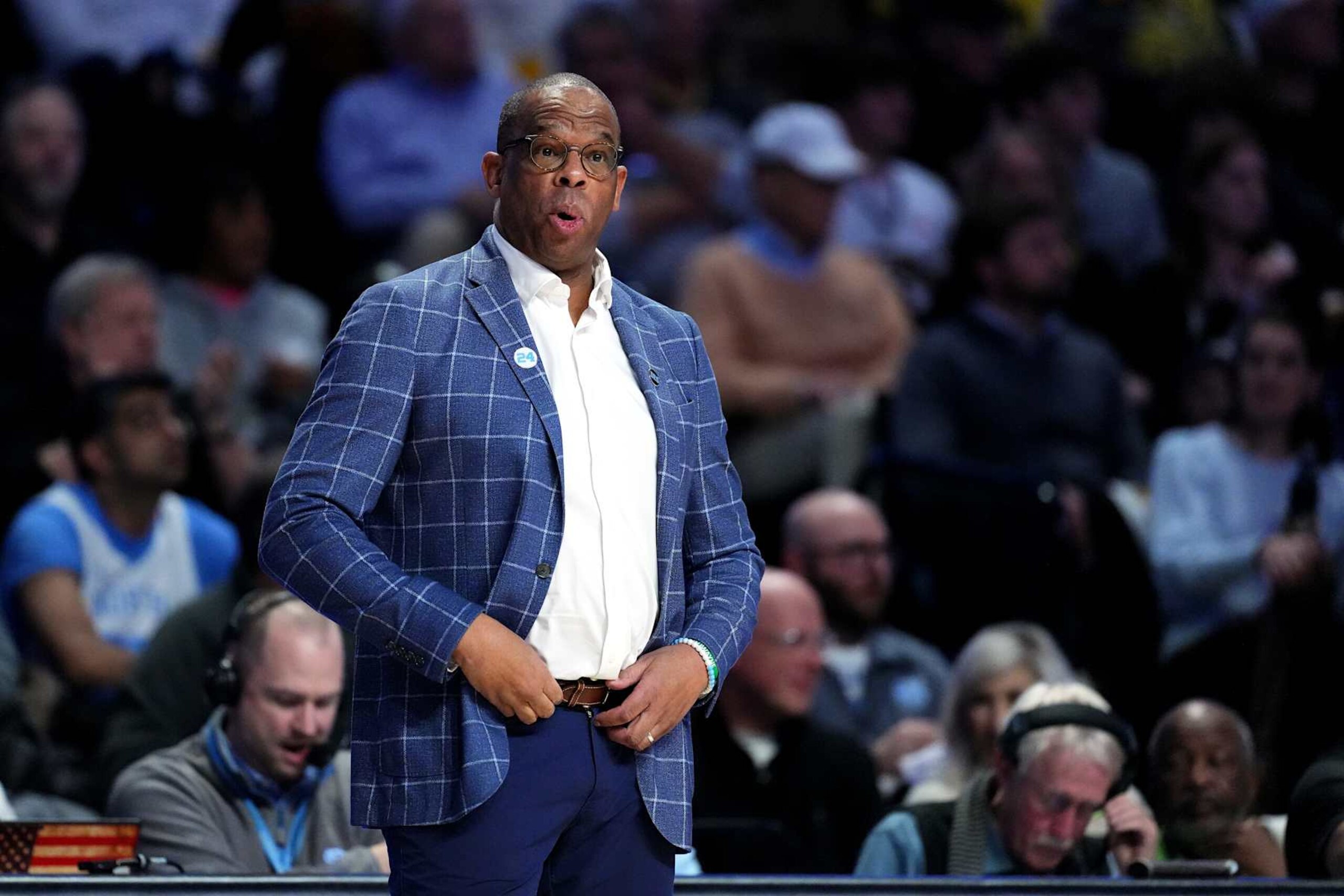 WINSTON SALEM, NORTH CAROLINA - JANUARY 21: Head coach Hubert Davis of the North Carolina Tar Heels looks on during the first half of the game against the Wake Forest Demon Deacons at Lawrence Joel Veterans Memorial Coliseum on January 21, 2025 in Winston Salem, North Carolina. (Photo by Grant Halverson/Getty Images)