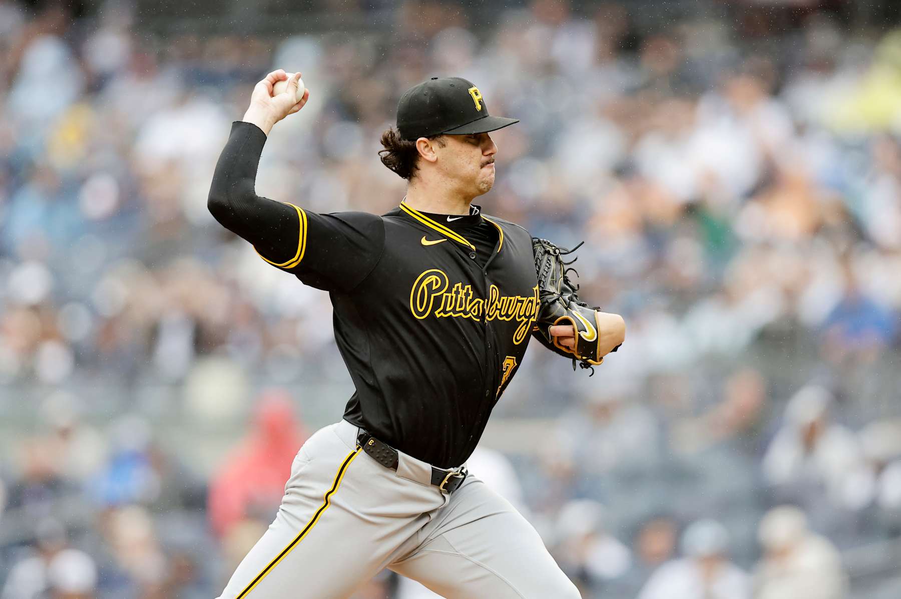 NEW YORK, NEW YORK - SEPTEMBER 28: (NEW YORK DAILIES OUT)  Paul Skenes #30 of the Pittsburgh Pirates in action against the New York Yankees at Yankee Stadium on September 28, 2024 in New York City. The Pirates defeated the Yankees 9-4. (Photo by Jim McIsaac/Getty Images)