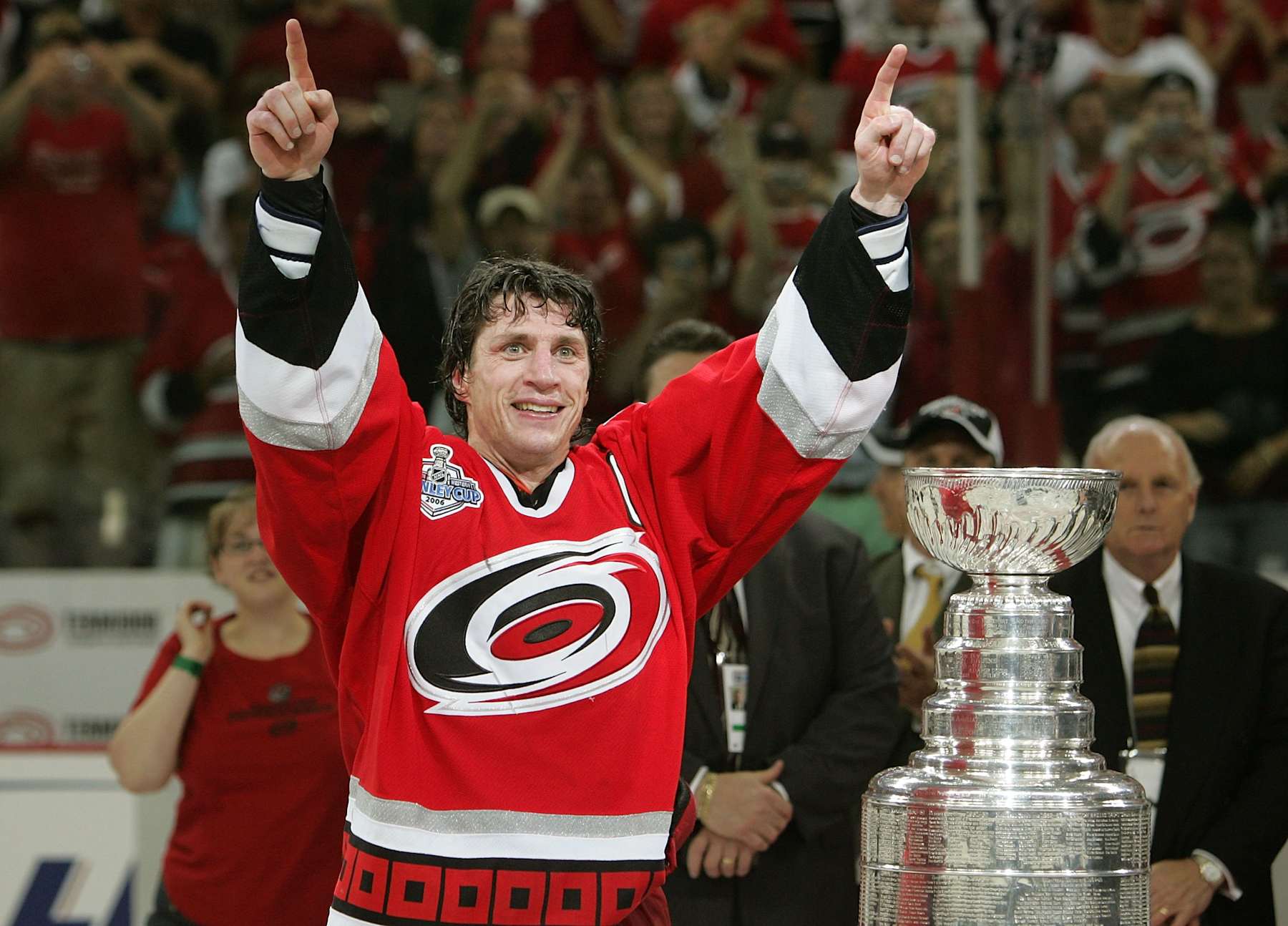 RALEIGH, NC - JUNE 19: Rod Brind'Amour #17 of the Carolina Hurricanes celebrates with the Stanley Cup after defeating the Edmonton Oilers in game seven of the 2006 NHL Stanley Cup Finals on June 19, 2006 at the RBC Center in Raleigh, North Carolina. The Hurricanes defeated the Oilers 3-1 to win the Stanley Cup finals 4 games to 3. (Photo by Jim McIsaac/Getty Images) RALEIGH, NC - JUNE 19: Rod Brind'Amour #17 of the Carolina Hurricanes celebrates with the Stanley Cup after defeating the Edmonton Oilers in game seven of the 2006 NHL Stanley Cup Finals on June 19, 2006 at the RBC Center in Raleigh, North Carolina. The Hurricanes defeated the Oilers 3-1 to win the Stanley Cup finals 4 games to 3. (Photo by Jim McIsaac/Getty Images)