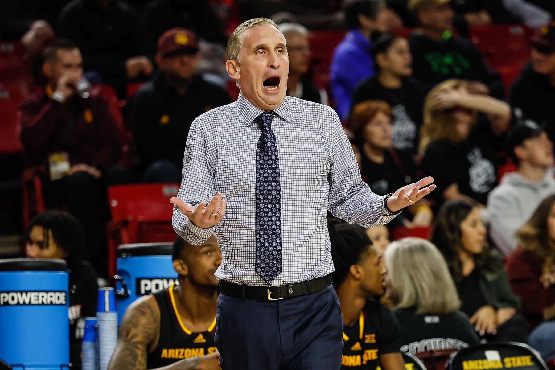 TEMPE, AZ - JANUARY 11 Arizona State Sun Devils head coach Bobby Hurley reacts to call during the college basketball game between the Baylor Bears and the Arizona State Sun Devils on January 11, 2025 at Desert Financial Arena in Tempe, Arizona. (Photo by Kevin Abele/Icon Sportswire via Getty Images) TEMPE, AZ - JANUARY 11 Arizona State Sun Devils head coach Bobby Hurley reacts to call during the college basketball game between the Baylor Bears and the Arizona State Sun Devils on January 11, 2025 at Desert Financial Arena in Tempe, Arizona. (Photo by Kevin Abele/Icon Sportswire via Getty Images)