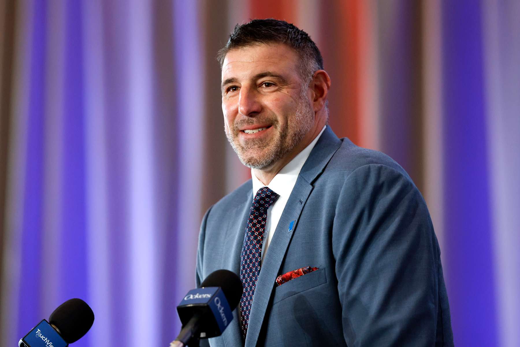 Foxborough, MA - January 13: The New England Patriots introduce Mike Vrabel as head coach during a press conference at Gillette Stadium. (Photo by Danielle Parhizkaran/The Boston Globe via Getty Images)