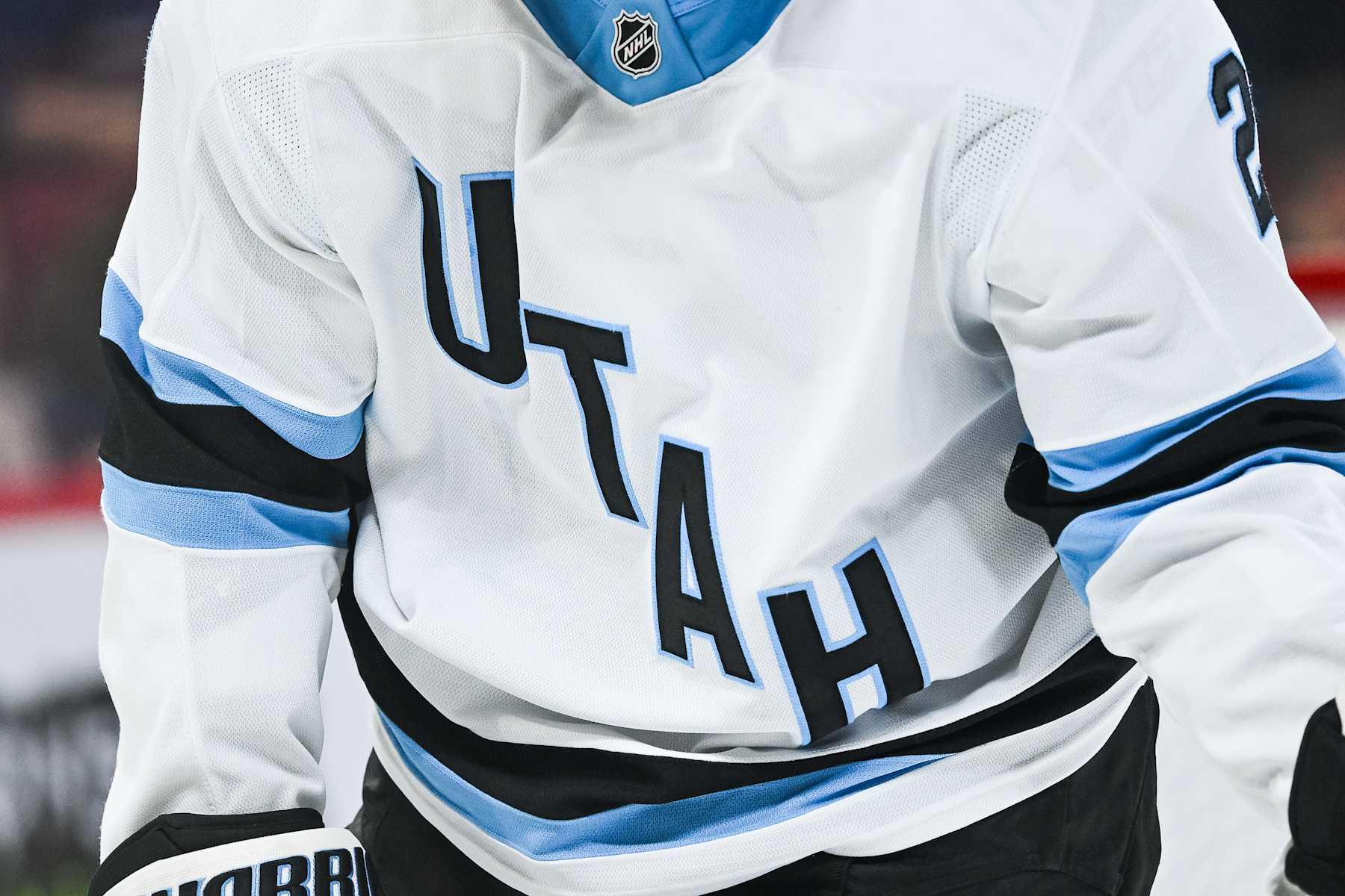 MONTREAL, QC - NOVEMBER 26: View of a Utah Hockey Club logo on a jersey worn by a member of the team during the Utah Hockey Club versus the Montreal Canadiens game on November 26, 2024, at Bell Centre in Montreal, QC (Photo by David Kirouac/Icon Sportswire via Getty Images)
