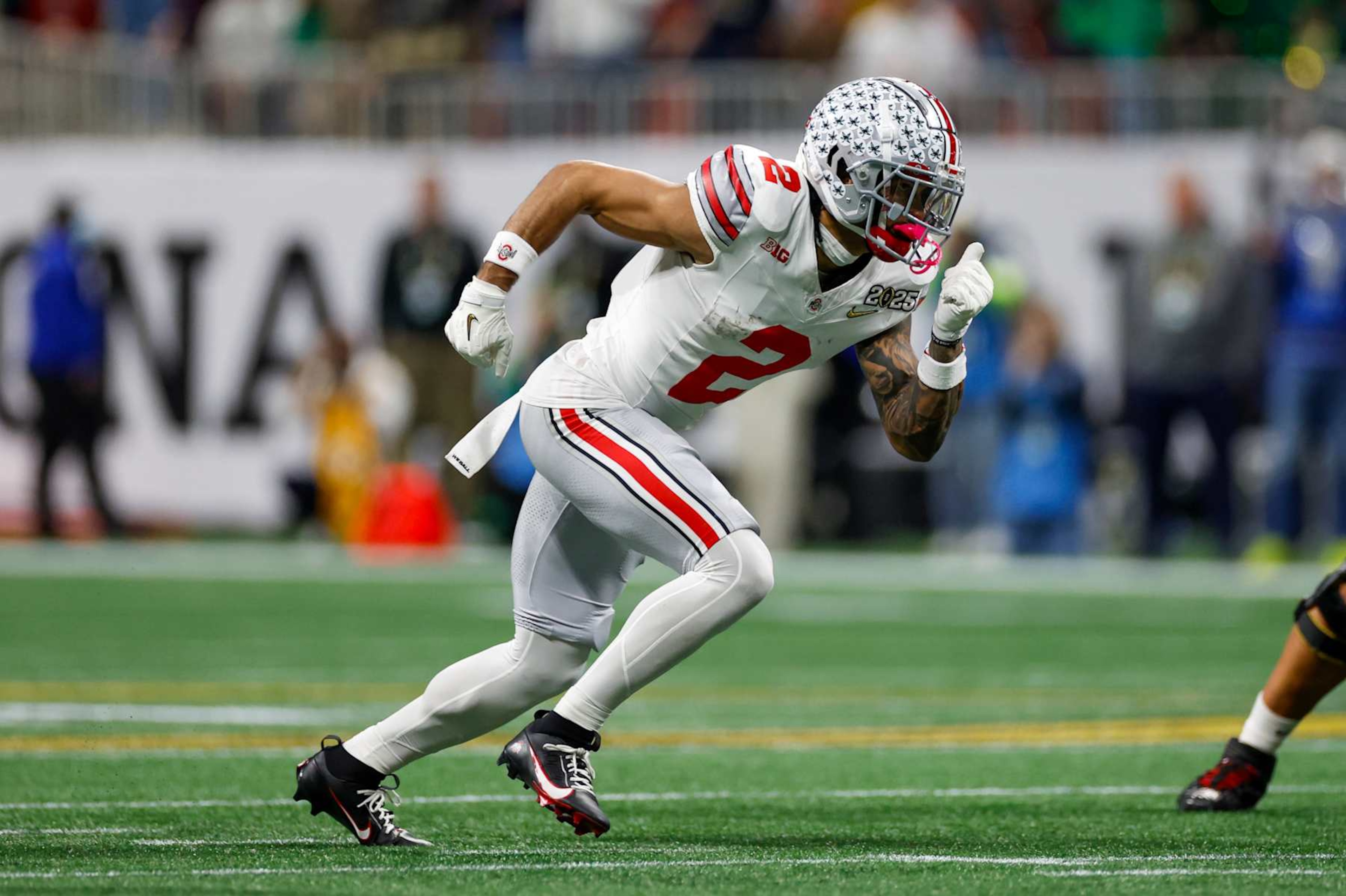 ATLANTA, GA - JANUARY 20: Wide Receiver Emeka Egbuka #2 of the Ohio State Buckeyes runs during the Ohio State Buckeyes versus Notre Dame Fighting Irish College Football Playoff National Championship game on January 20, 2025, at Mercedes-Benz Stadium in Atlanta, GA. (Photo by David Rosenblum/Icon Sportswire via Getty Images)