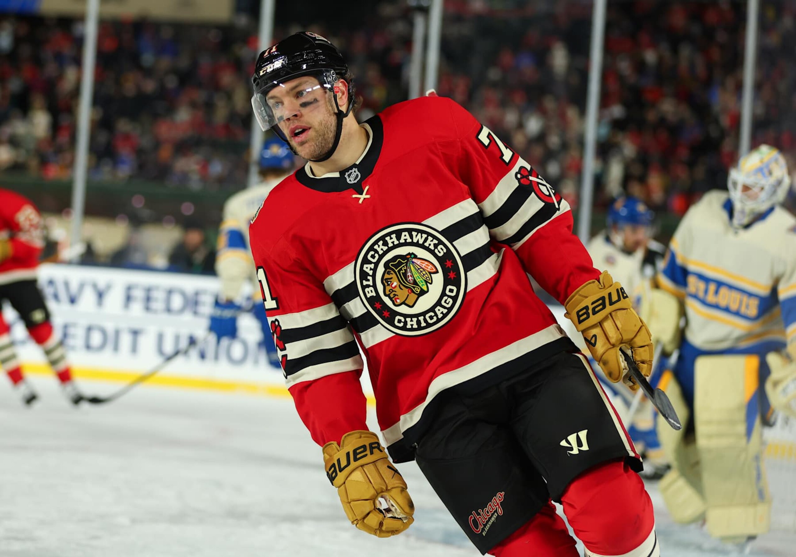 CHICAGO, IL - DECEMBER 31: Taylor Hall #71 of the Chicago Blackhawks skates in action during the third period of the NHL Winter Classic against the St. Louis Blues on December 31, 2024 at Wrigley Field in Chicago, Illinois. (Photo by Melissa Tamez/Icon Sportswire via Getty Images)