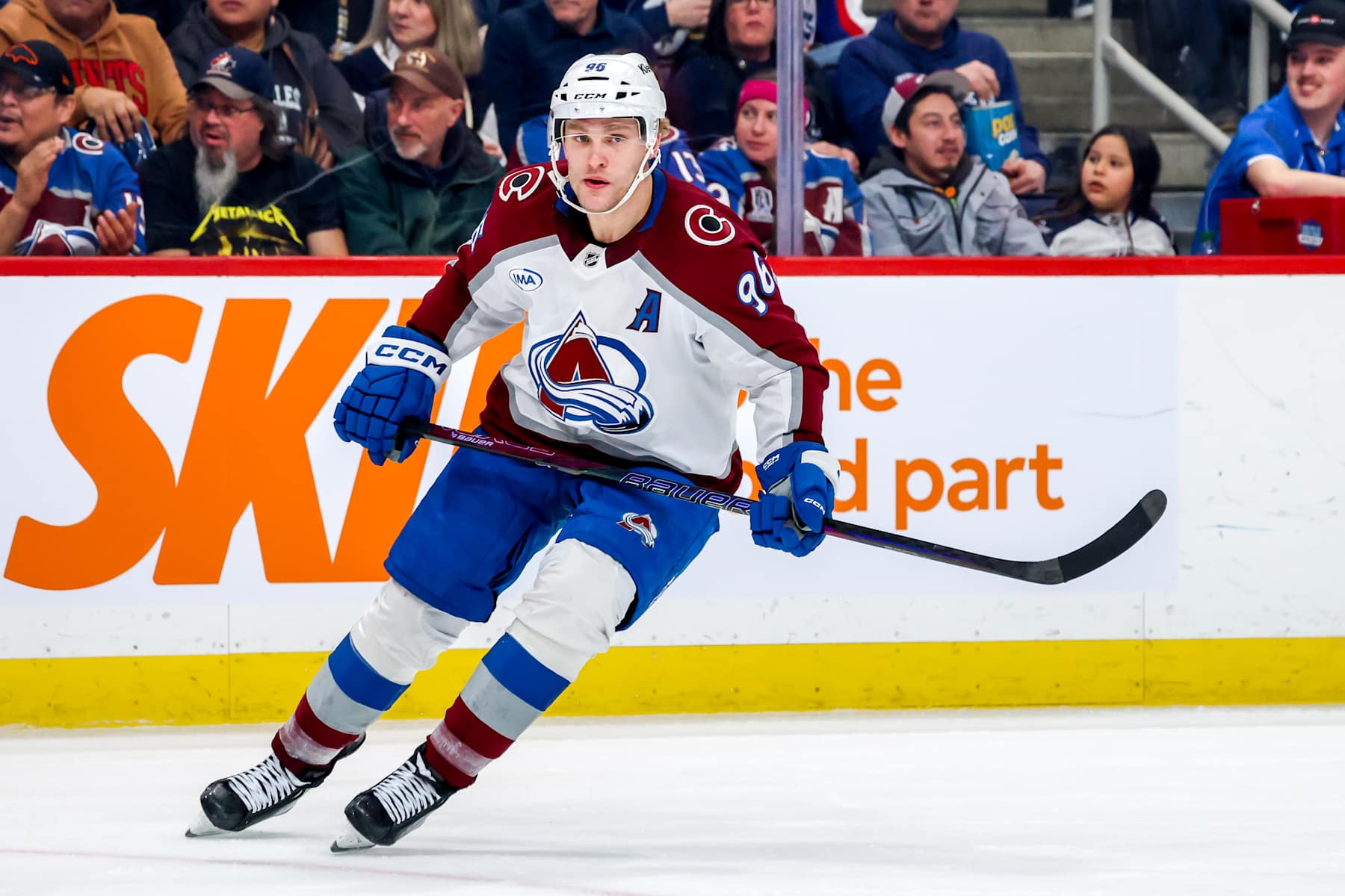 WINNIPEG, CANADA - JANUARY 11: Mikko Rantanen #96 of the Colorado Avalanche skates during second period action against the Winnipeg Jets at Canada Life Centre on January 11, 2025 in Winnipeg, Manitoba, Canada. (Photo by Jonathan Kozub/NHLI via Getty Images)