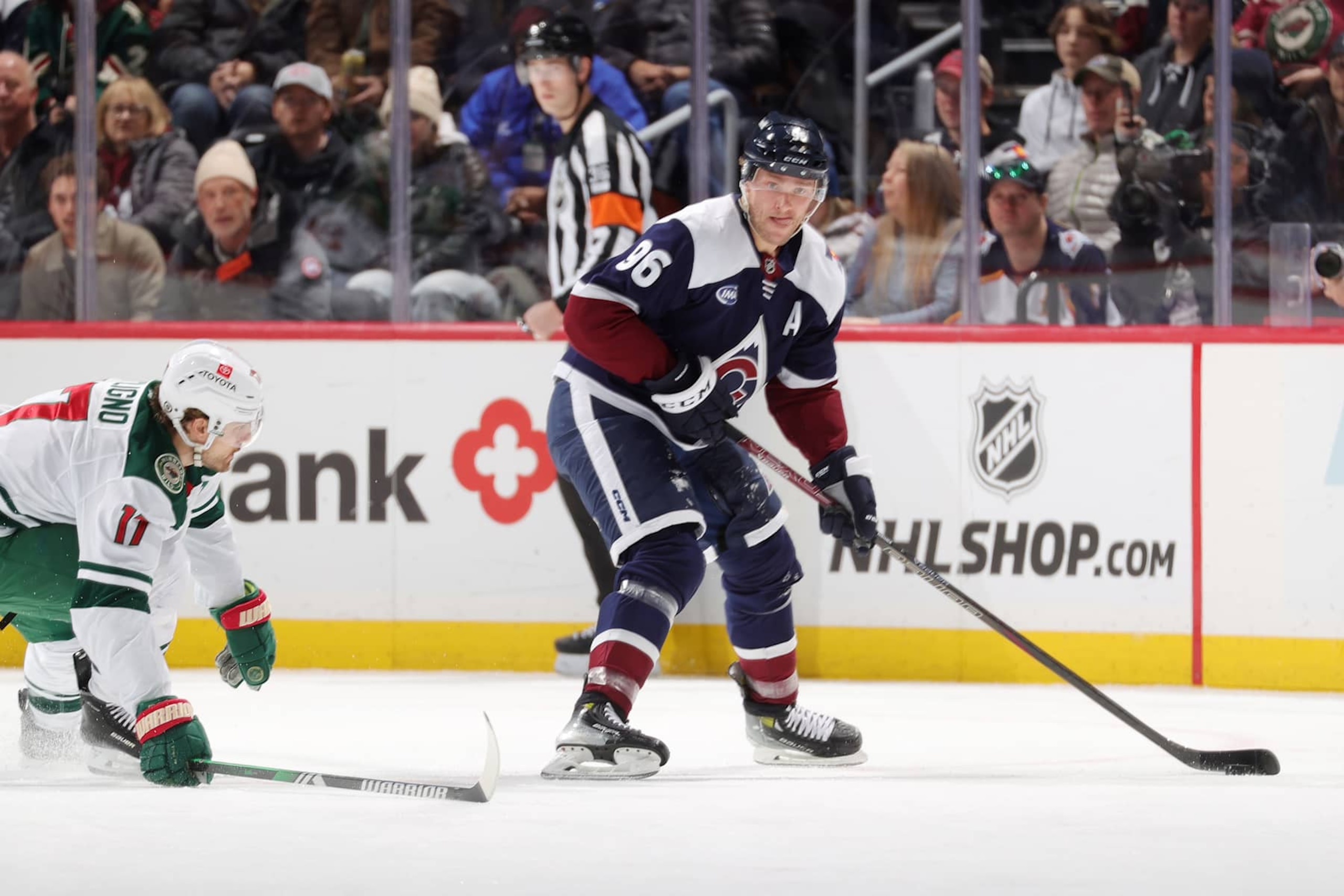 DENVER, COLORADO - JANUARY 20: Mikko Rantanen #96 of the Colorado Avalanche skates against the Minnesota Wild at Ball Arena on January 20, 2025 in Denver, Colorado. (Photo by Michael Martin/NHLI via Getty Images)
