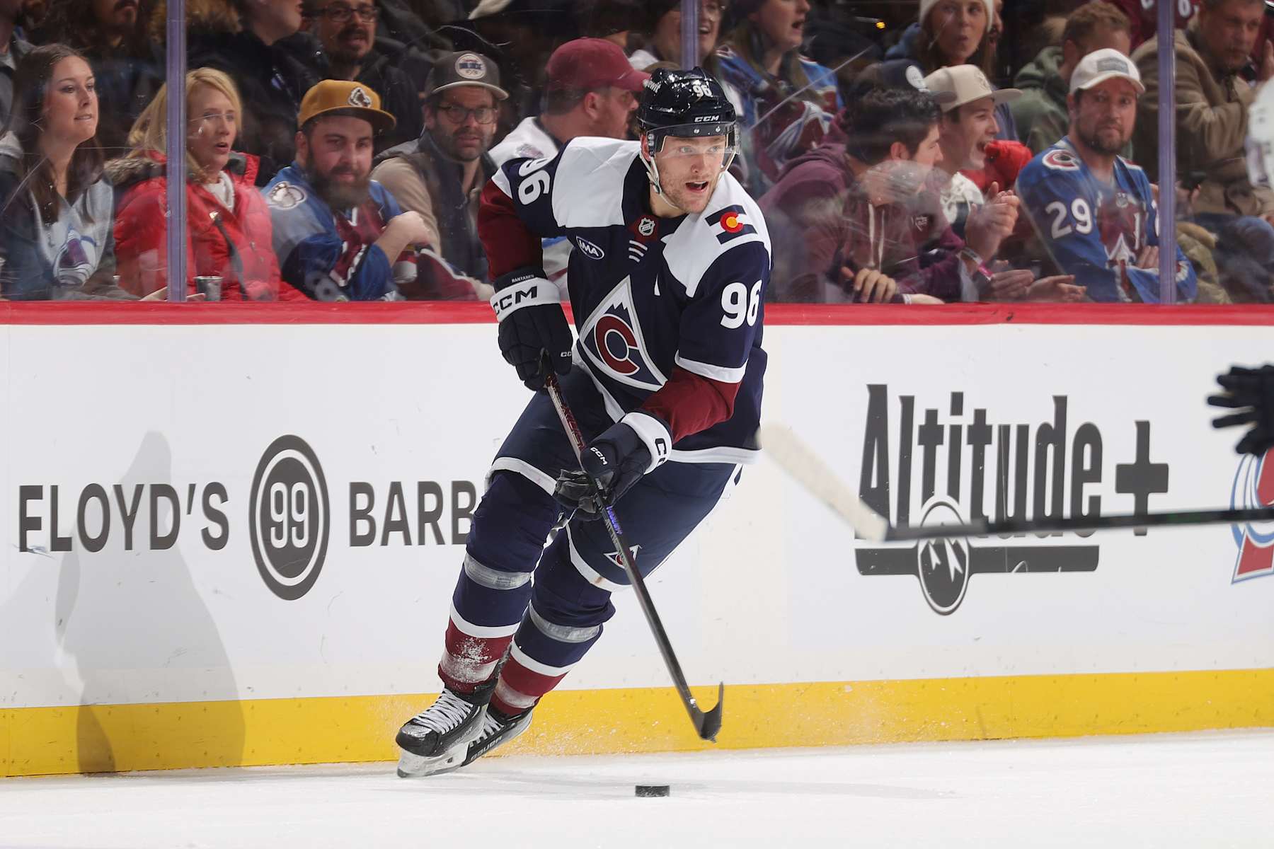 DENVER, COLORADO - JANUARY 22: Mikko Rantanen #96 of the Colorado Avalanche skates against the Winnipeg Jets at Ball Arena on January 22, 2025 in Denver, Colorado. (Photo by Michael Martin/NHLI via Getty Images)