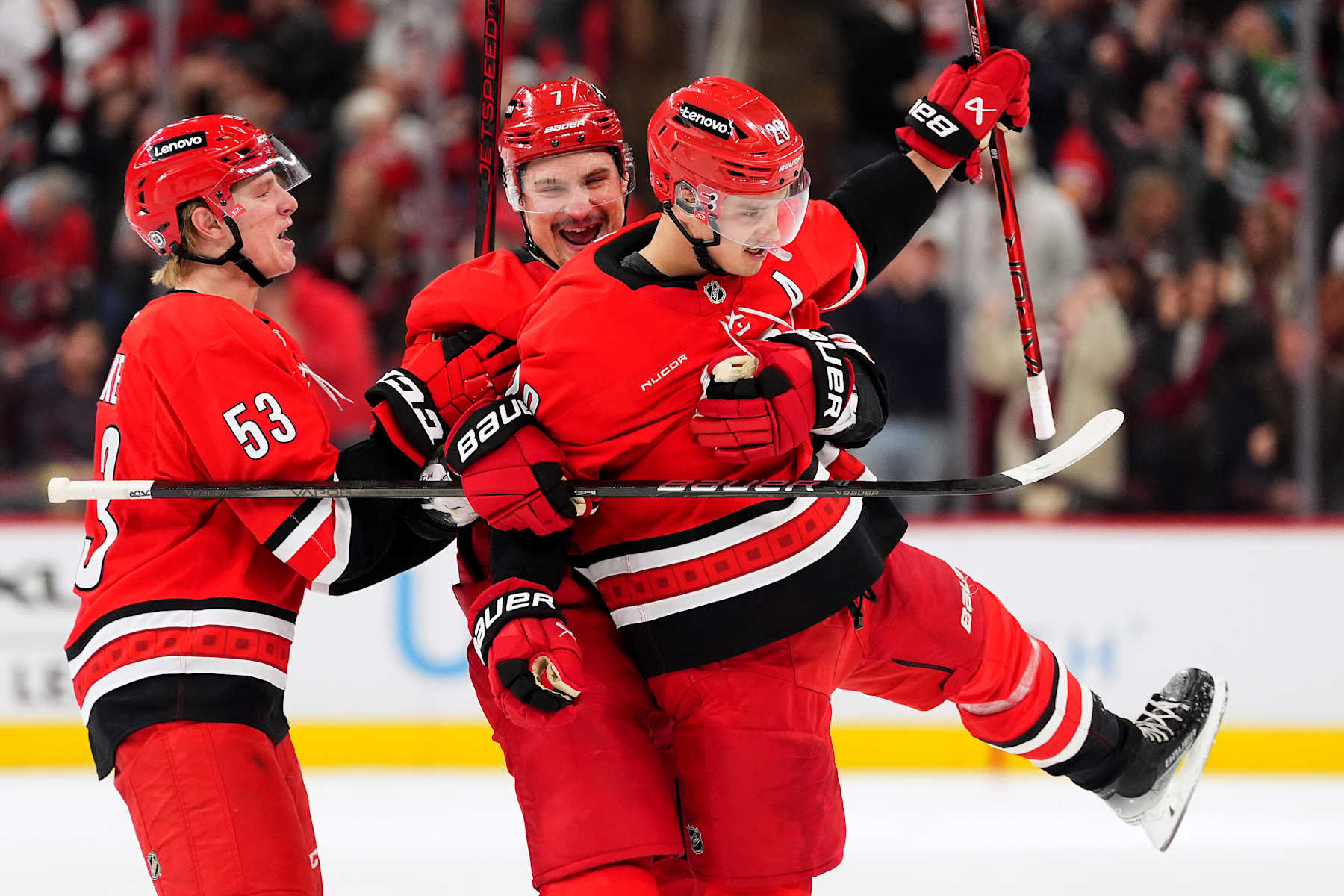 RALEIGH, NORTH CAROLINA - JANUARY 23: Sebastian Aho #20 of the Carolina Hurricanes celebrates after scoring a goal against the Columbus Blue Jackets during the second period at Lenovo Center on January 23, 2025 in Raleigh, North Carolina. (Photo by Grant Halverson/Getty Images)