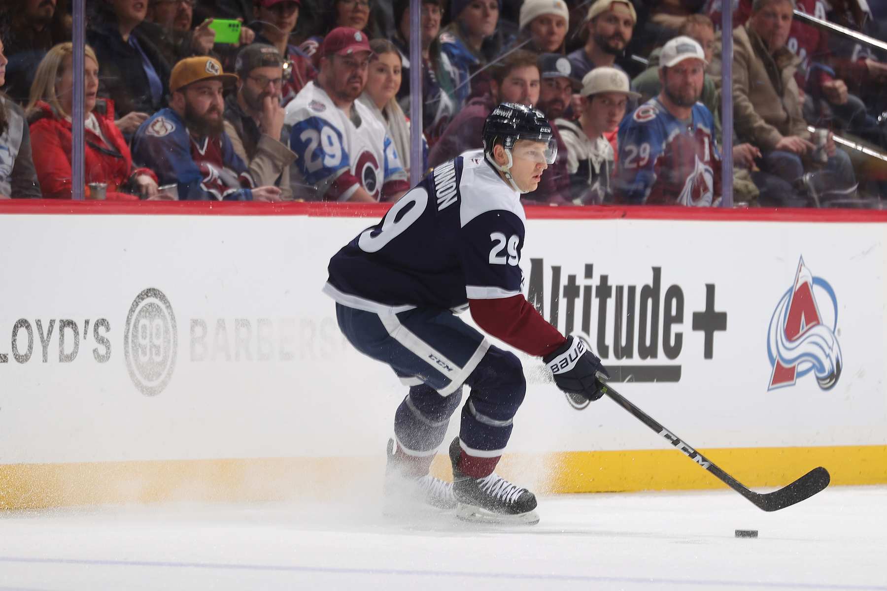 DENVER, COLORADO - JANUARY 22: Nathan MacKinnon #29 of the Colorado Avalanche skates against the Winnipeg Jets at Ball Arena on January 22, 2025 in Denver, Colorado. (Photo by Michael Martin/NHLI via Getty Images)