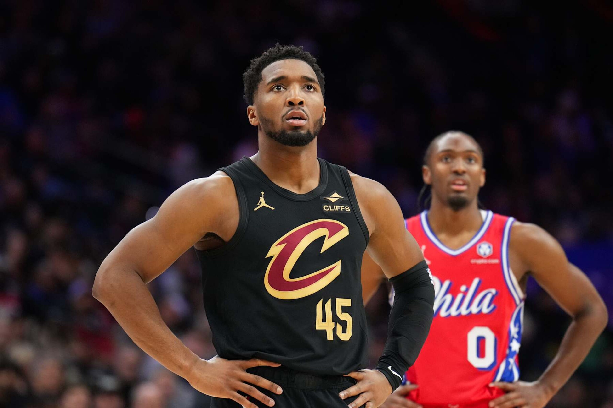PHILADELPHIA, PA - JANUARY 24: Donovan Mitchell #45 of the Cleveland Cavaliers looks on during the game against the Philadelphia 76ers on January 24, 2025 at the Wells Fargo Center in Philadelphia, Pennsylvania NOTE TO USER: User expressly acknowledges and agrees that, by downloading and/or using this Photograph, user is consenting to the terms and conditions of the Getty Images License Agreement. Mandatory Copyright Notice: Copyright 2025 NBAE (Photo by Jesse D. Garrabrant/NBAE via Getty Images)