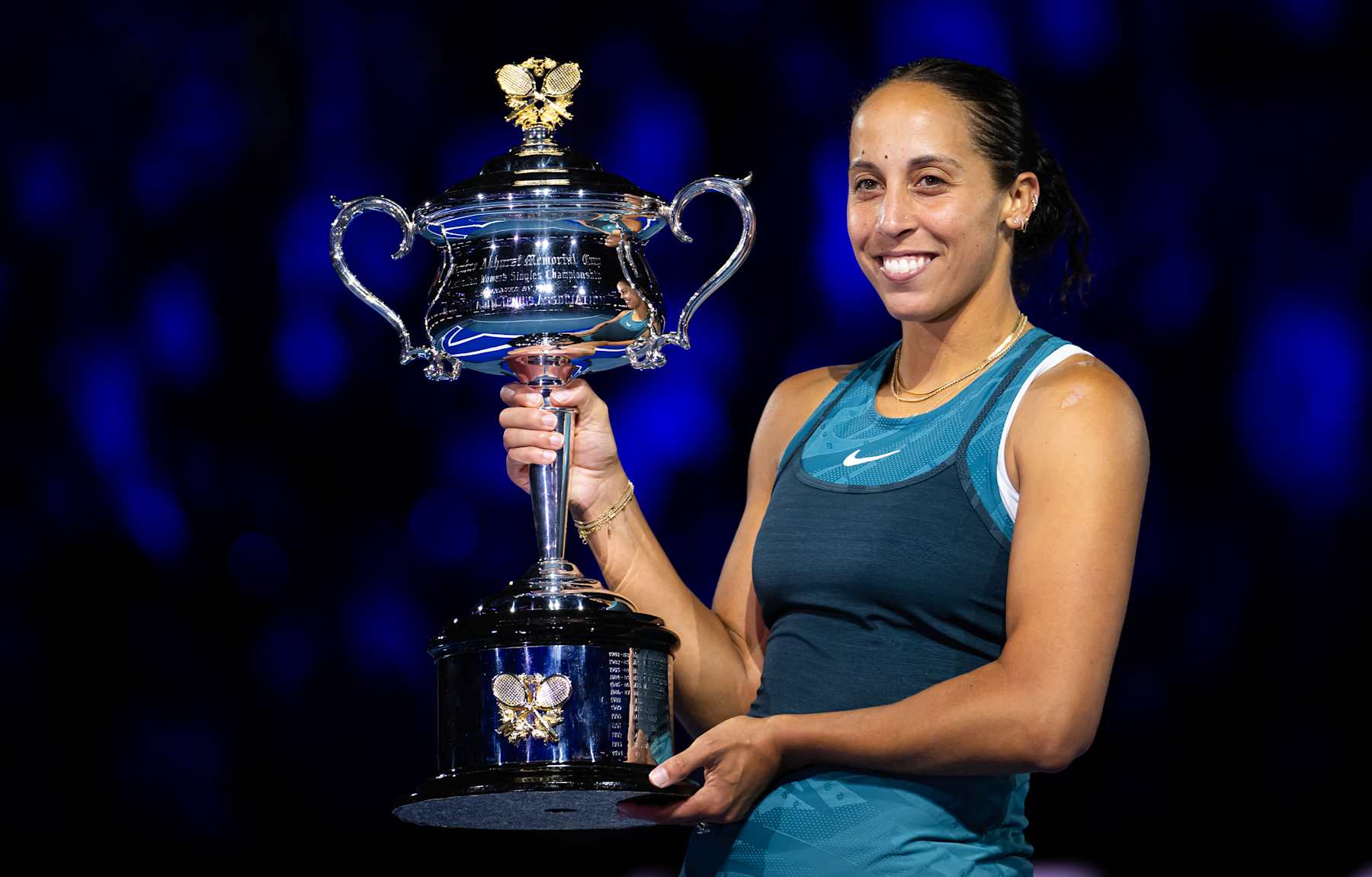 MELBOURNE, AUSTRALIA - JANUARY 25: Madison Keys of the United States poses with the champions trophy after defeating Aryna Sabalenka of Belarus in the womens final on Day 14 of the 2025 Australian Open at Melbourne Park on January 25, 2025 in Melbourne, Australia (Photo by Robert Prange/Getty Images)