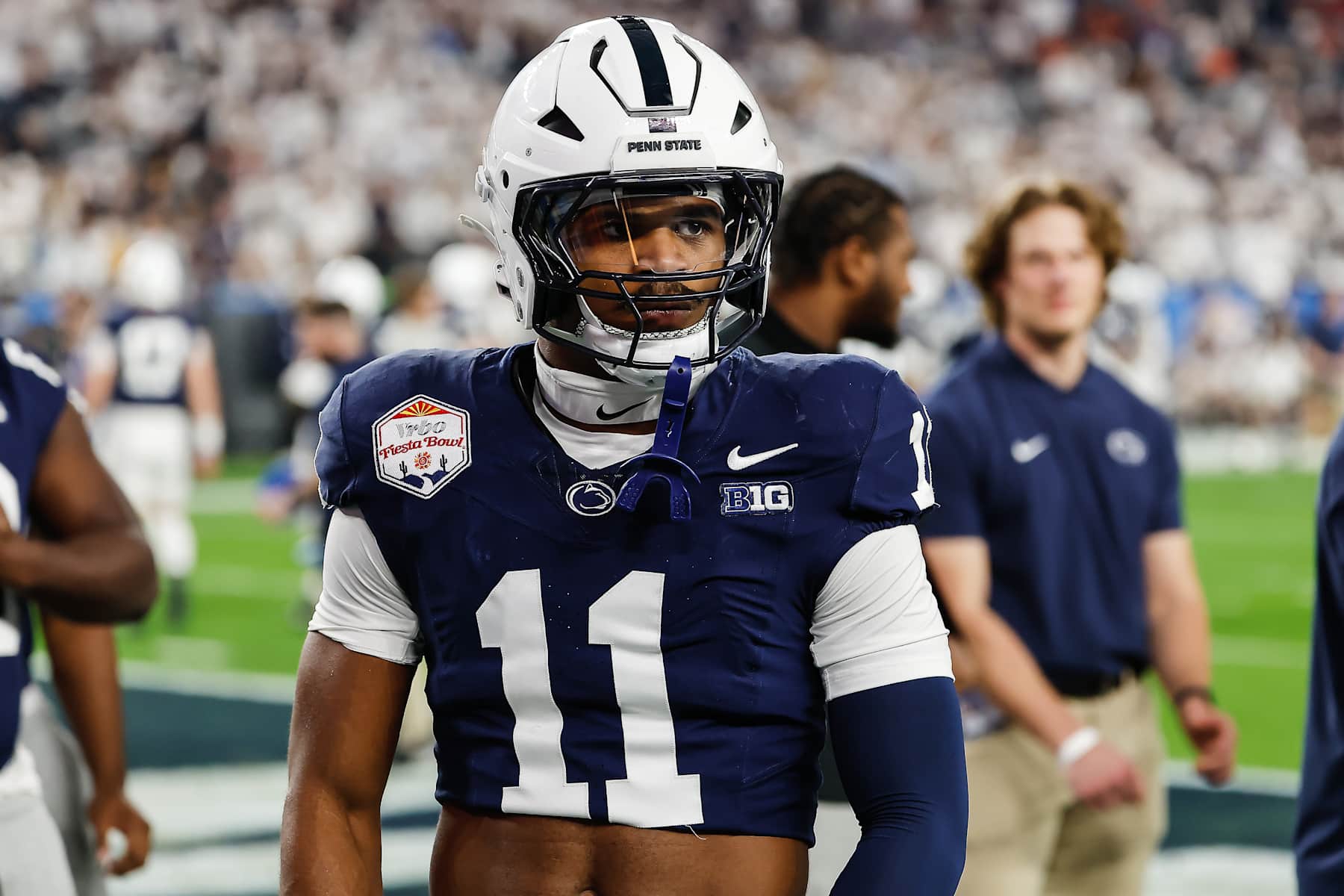 GLENDALE, AZ - DECEMBER 31:  Defensive End Abdul Carter #11 of the Penn State Nittany Lions looks on before the Penn State Nittany Lions versus Boise State Broncos College Football Playoff Quarterfinal at the Vrbo Fiesta Bowl on December 31,2024, at State Farm Stadium in Glendale, AZ.  (Photo by Kevin Abele/Icon Sportswire via Getty Images)