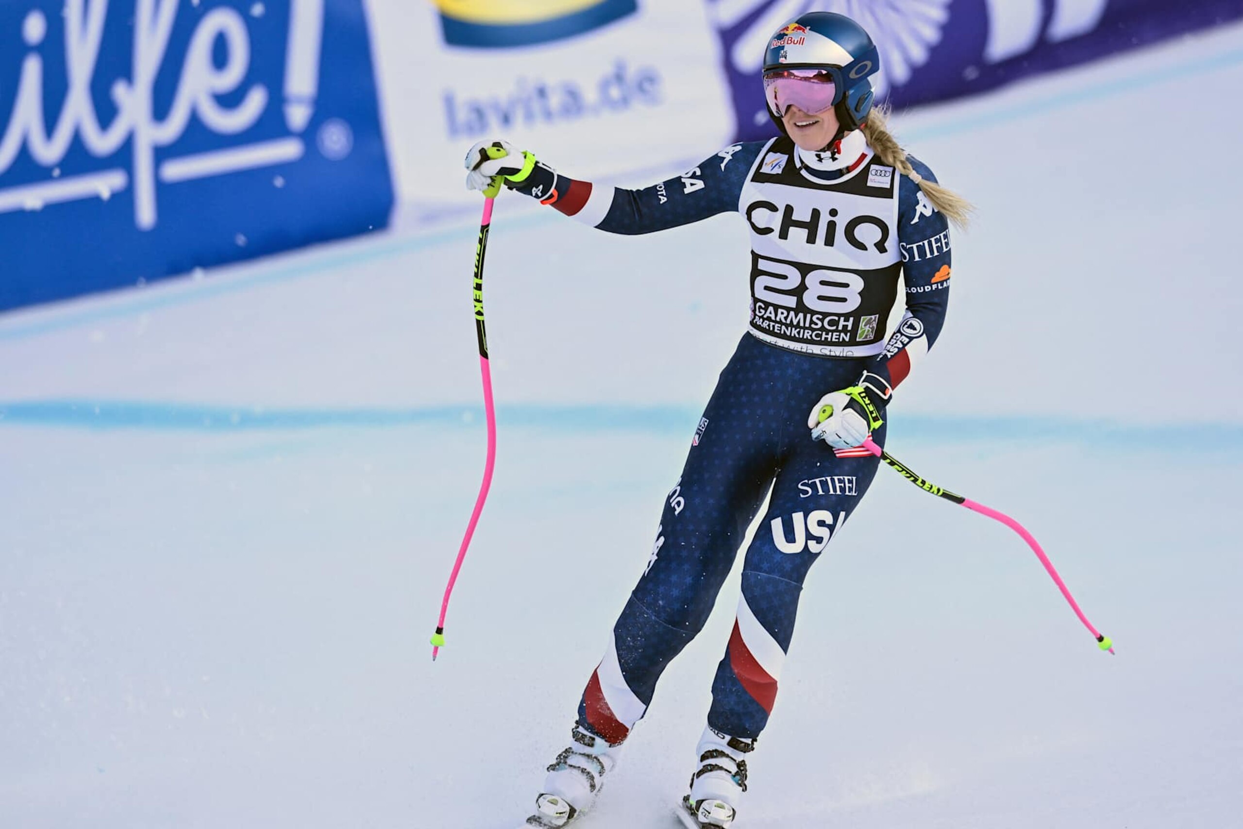 US' Lindsey Vonn reacts after competing during the women's Downhill event of the FIS Alpine Skiing World Cup in Garmisch-Partenkirchen, southern Germany on January 25, 2025. (Photo by KERSTIN JOENSSON / AFP) (Photo by KERSTIN JOENSSON/AFP via Getty Images)