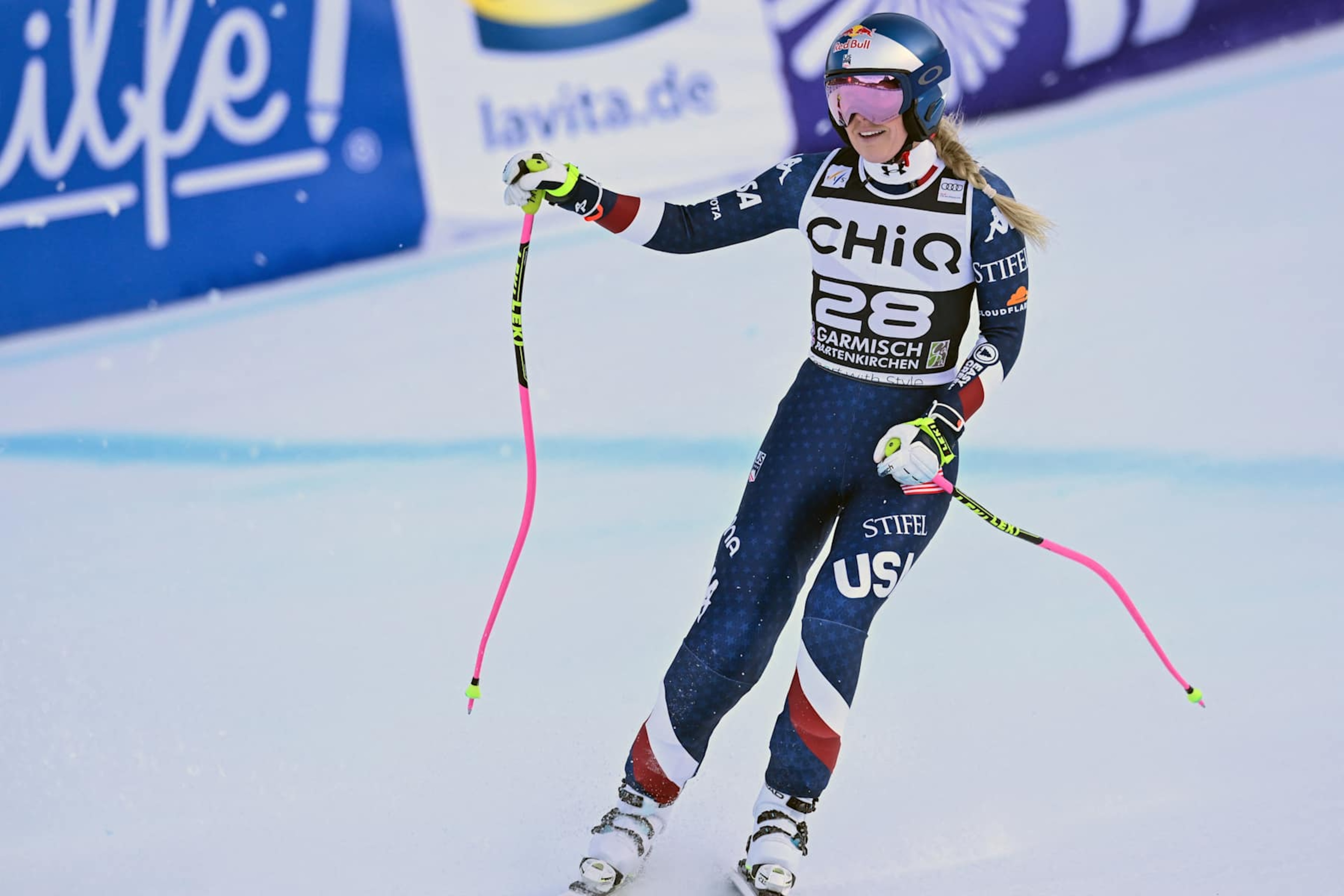 US' Lindsey Vonn reacts after competing during the women's Downhill event of the FIS Alpine Skiing World Cup in Garmisch-Partenkirchen, southern Germany on January 25, 2025. (Photo by KERSTIN JOENSSON / AFP) (Photo by KERSTIN JOENSSON/AFP via Getty Images)