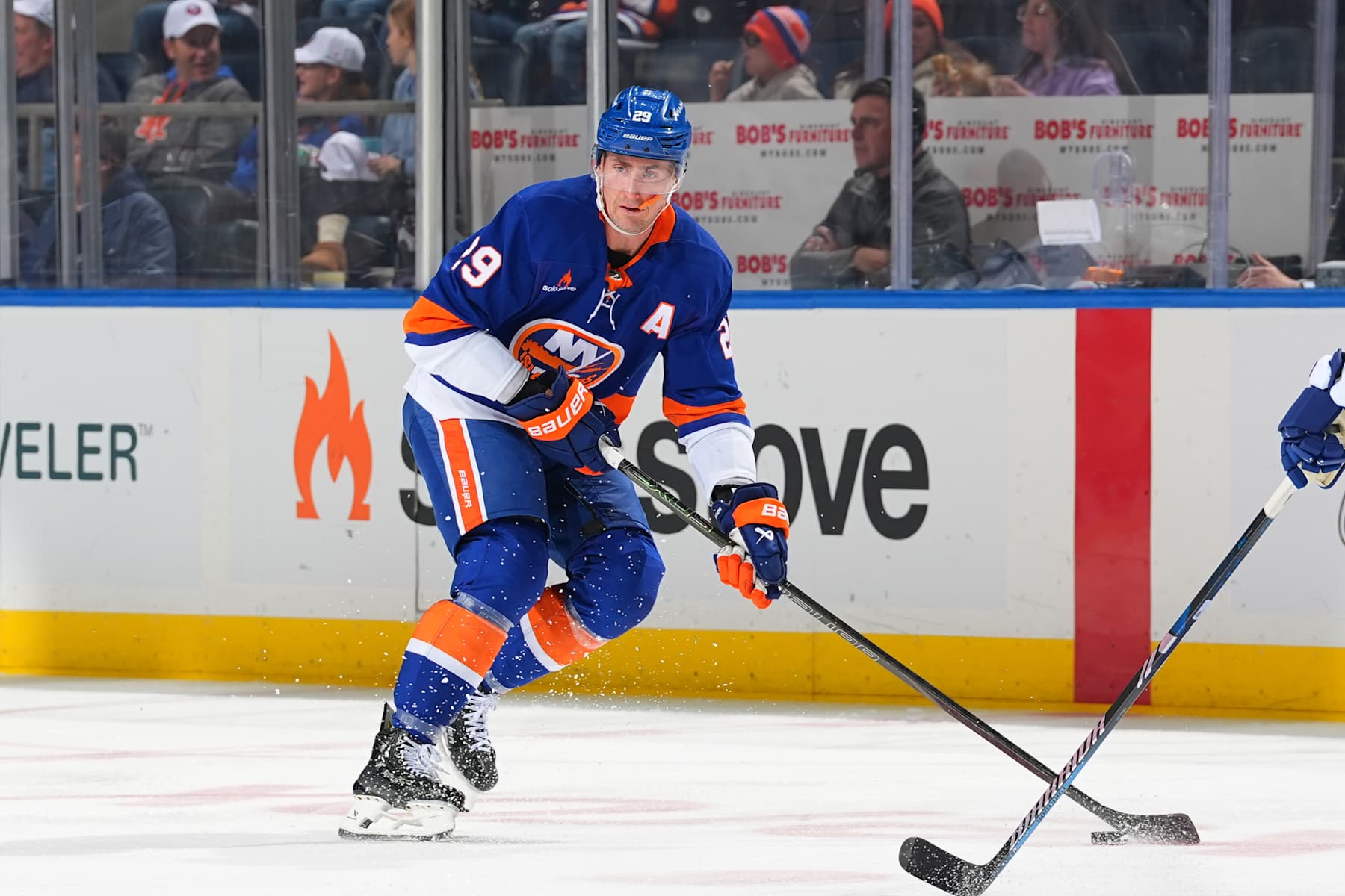 ELMONT, NEW YORK - JANUARY 02:  Brock Nelson #29 of the New York Islanders skates during the game against the Toronto Maple Leafs on January 2, 2025 at UBS Arena in Elmont, New York  (Photo by Rich Graessle/Getty Images)