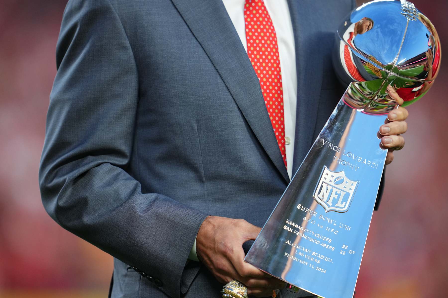 KANSAS CITY, MO - SEPTEMBER 05:  Detailed view of the Vince Lombardi Trophy prior to an NFL football game between the Baltimore Ravens and the Kansas City Chiefs at GEHA Field at Arrowhead Stadium on September 5, 2024 in Kansas City, California. (Photo by Cooper Neill/Getty Images)