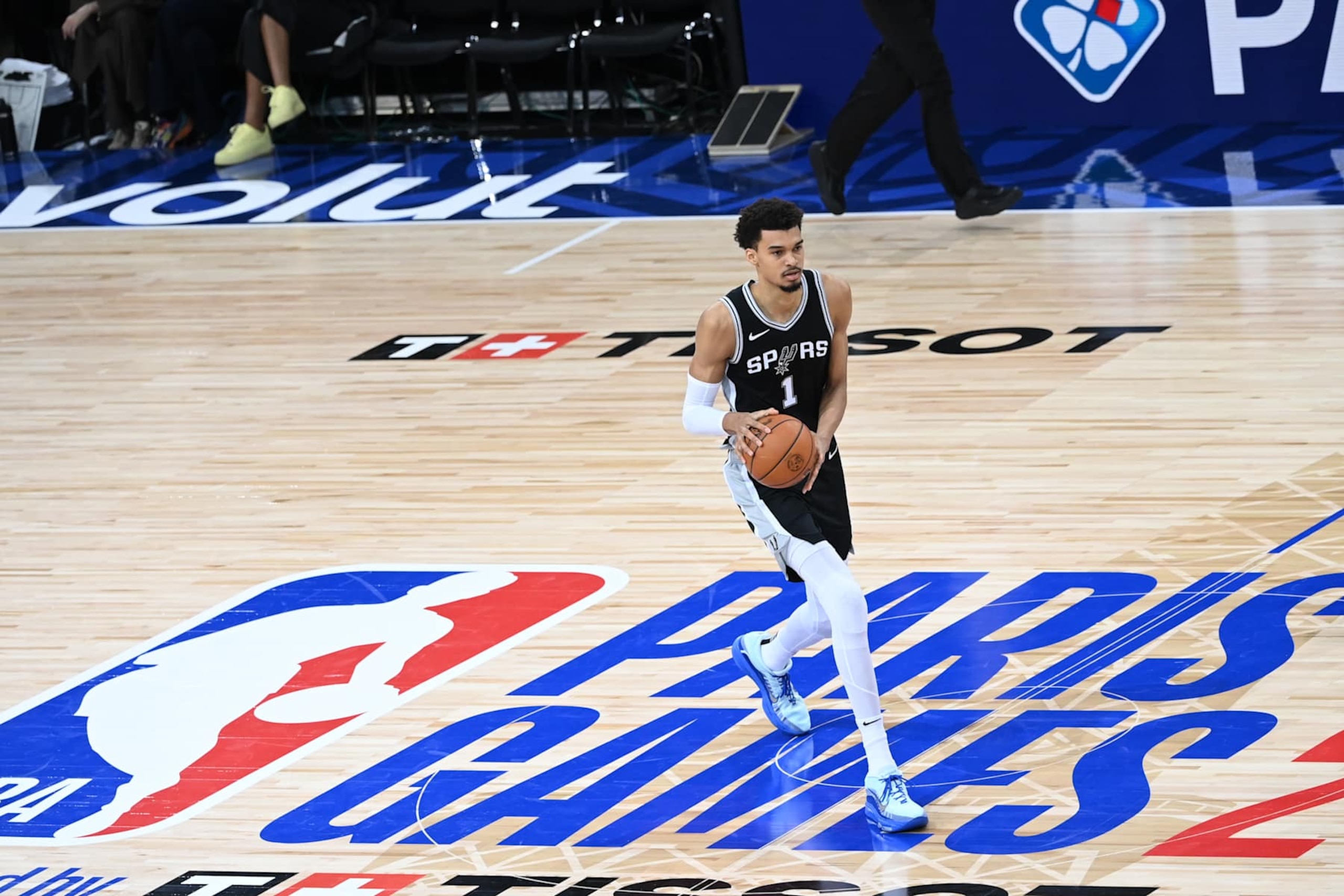 PARIS, FRANCE - JANUARY 25: Victor Wembanyama #1 of the San Antonio Spurs dribbles the ball during the game against the Indiana Pacers part of NBA Paris Games 2025 on January 25, 2025 at Accor Arena in Paris, France. NOTE TO USER: User expressly acknowledges and agrees that, by downloading and/or using this Photograph, user is consenting to the terms and conditions of the Getty Images License Agreement. Mandatory Copyright Notice: Copyright 2025 NBAE (Photo by Mansoor Ahmed/NBAE via Getty Images) PARIS, FRANCE - JANUARY 25: Victor Wembanyama #1 of the San Antonio Spurs dribbles the ball during the game against the Indiana Pacers part of NBA Paris Games 2025 on January 25, 2025 at Accor Arena in Paris, France. NOTE TO USER: User expressly acknowledges and agrees that, by downloading and/or using this Photograph, user is consenting to the terms and conditions of the Getty Images License Agreement. Mandatory Copyright Notice: Copyright 2025 NBAE (Photo by Mansoor Ahmed/NBAE via Getty Images)