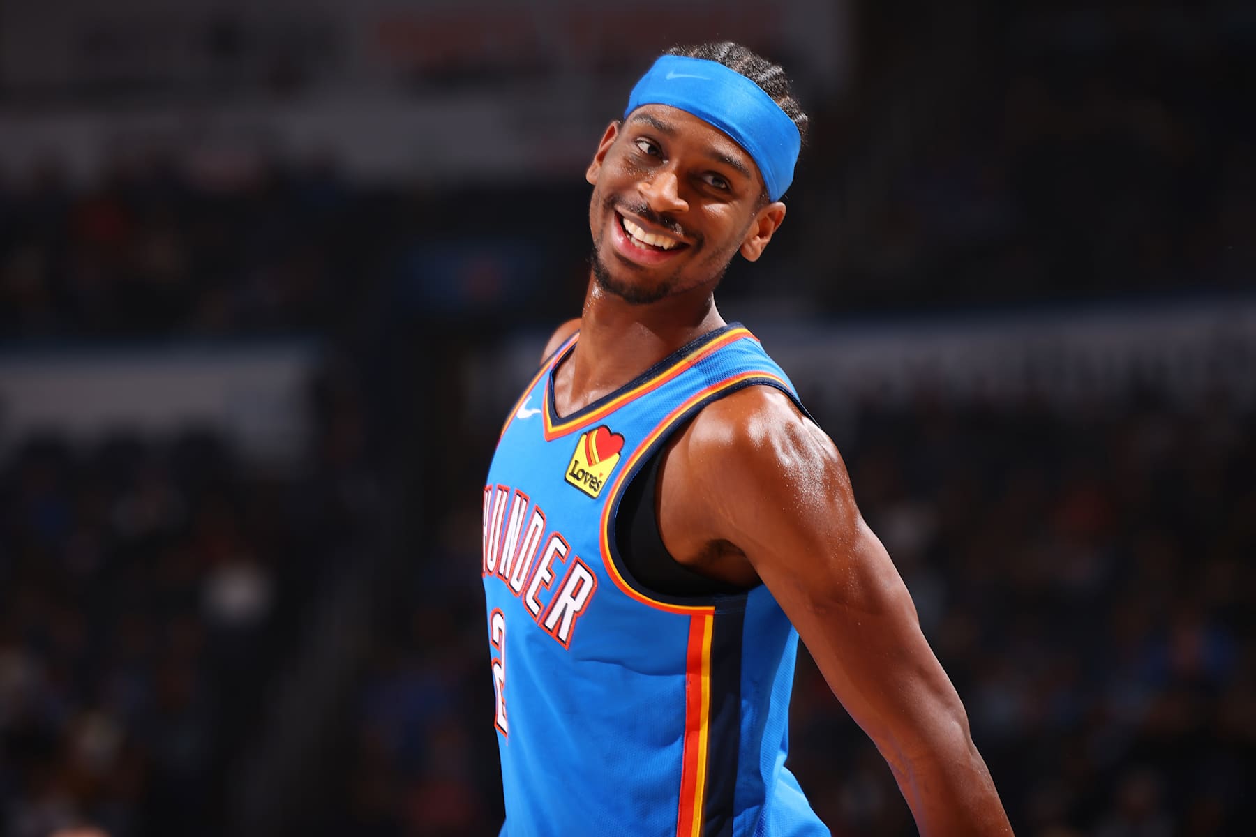 OKLAHOMA CITY, OK - JANUARY 22: Shai Gilgeous-Alexander #2 of the Oklahoma City Thunder smiles during the game against the Utah Jazz on January 22, 2025 at Paycom Center in Oklahoma City, Oklahoma. NOTE TO USER: User expressly acknowledges and agrees that, by downloading and or using this photograph, User is consenting to the terms and conditions of the Getty Images License Agreement. Mandatory Copyright Notice: Copyright 2025 NBAE (Photo by Zach Beeker/NBAE via Getty Images)