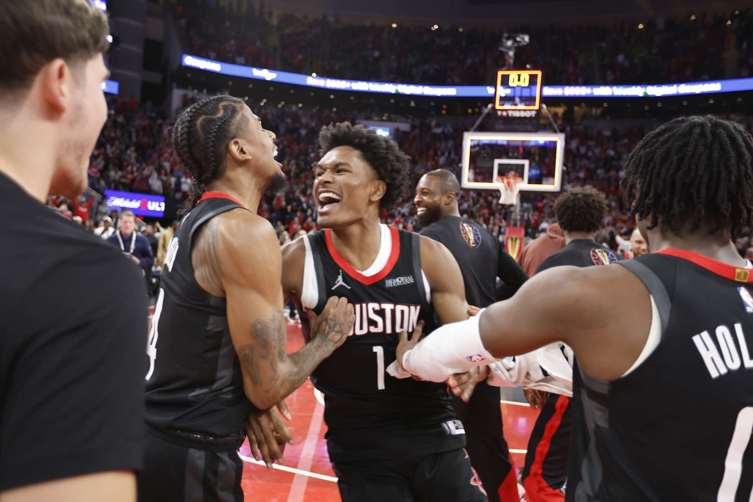 HOUSTON, TX - DECEMBER 11: Jalen Green #4 and Amen Thompson #1 of the Houston Rockets celebrates after the game against the Golden State Warriors during the Emirates NBA Cup Quarterfinals on December 11, 2024 at the Toyota Center in Houston, Texas. NOTE TO USER: User expressly acknowledges and agrees that, by downloading and or using this photograph, User is consenting to the terms and conditions of the Getty Images License Agreement. Mandatory Copyright Notice: Copyright 2024 NBAE (Photo by Logan Riely/NBAE via Getty Images) HOUSTON, TX - DECEMBER 11: Jalen Green #4 and Amen Thompson #1 of the Houston Rockets celebrates after the game against the Golden State Warriors during the Emirates NBA Cup Quarterfinals on December 11, 2024 at the Toyota Center in Houston, Texas. NOTE TO USER: User expressly acknowledges and agrees that, by downloading and or using this photograph, User is consenting to the terms and conditions of the Getty Images License Agreement. Mandatory Copyright Notice: Copyright 2024 NBAE (Photo by Logan Riely/NBAE via Getty Images)