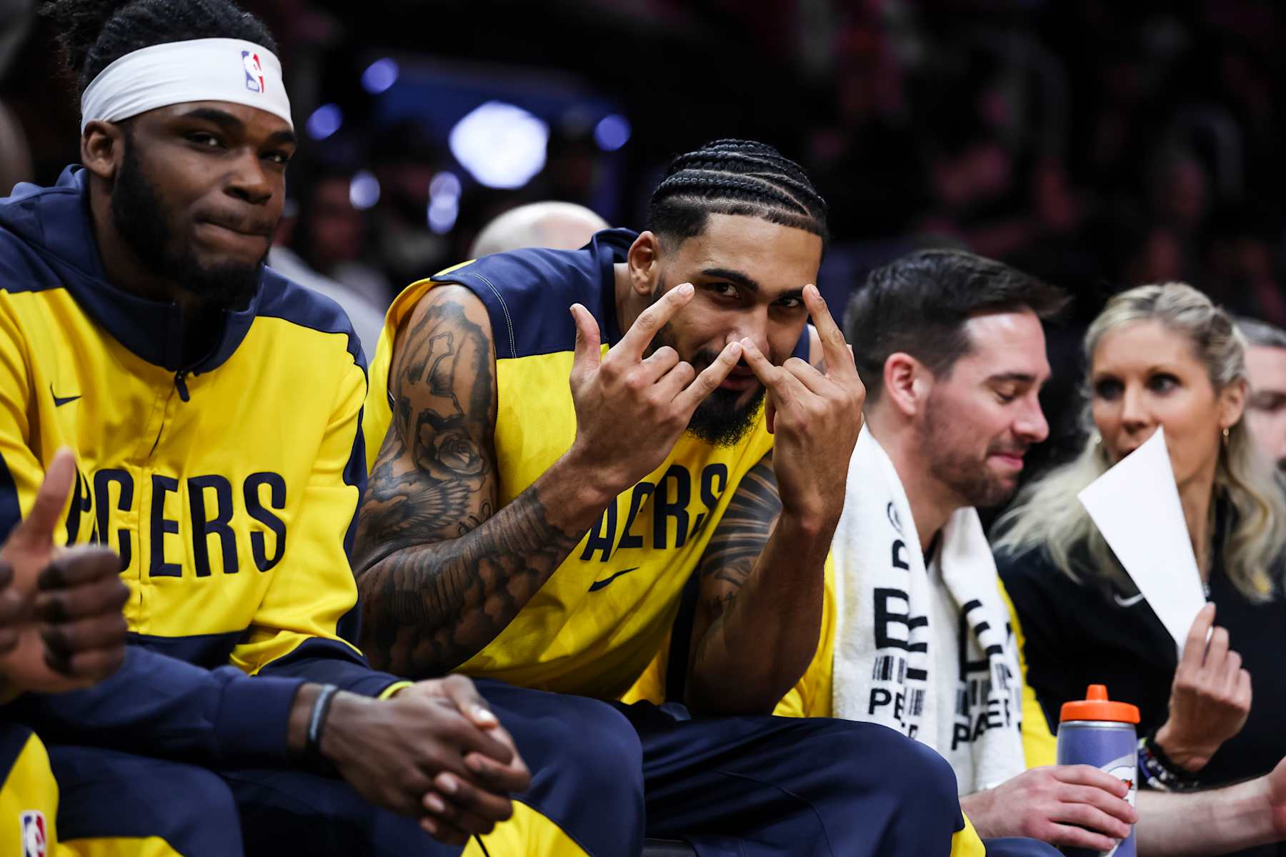 MIAMI, FLORIDA - JANUARY 02: Jarace Walker (L) #5 and Obi Toppin (C) #1 of the Indiana Pacers pose during the first quarter against the Miami Heat at Kaseya Center on January 02, 2025 in Miami, Florida. NOTE TO USER: User expressly acknowledges and agrees that, by downloading and or using this photograph, User is consenting to the terms and conditions of the Getty Images License Agreement. (Photo by Brennan Asplen/Getty Images)