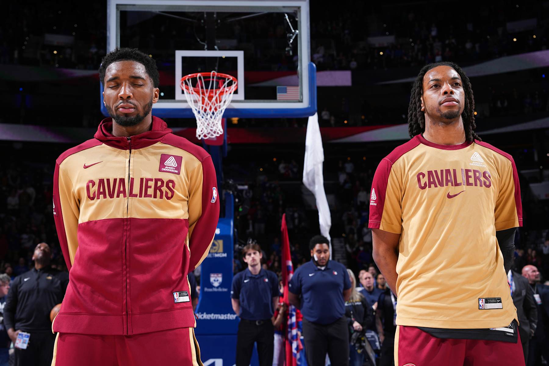 PHILADELPHIA, PA - JANUARY 24:  Donovan Mitchell #45 and Darius Garland #10 of the Cleveland Cavaliers stands for the National Anthem before the game against the Philadelphia 76ers on January 24, 2025 at the Wells Fargo Center in Philadelphia, Pennsylvania NOTE TO USER: User expressly acknowledges and agrees that, by downloading and/or using this Photograph, user is consenting to the terms and conditions of the Getty Images License Agreement. Mandatory Copyright Notice: Copyright 2025 NBAE (Photo by Jesse D. Garrabrant/NBAE via Getty Images)