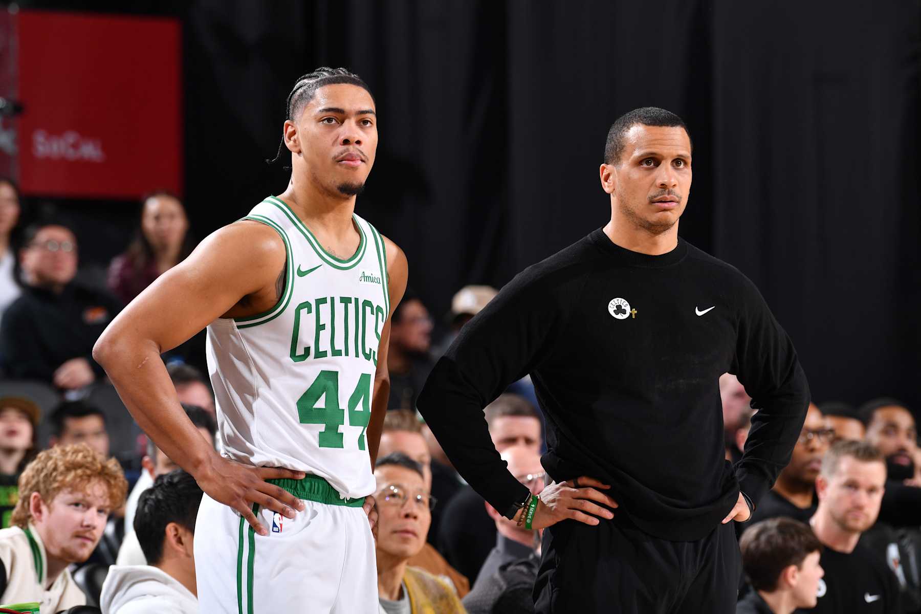 INGLEWOOD, CA - JANUARY 22:  Head Coach Joe Mazzulla of the Boston Celtics and Jaden Springer #44 look on during the game against the LA Clippers on January 22, 2025 at Intuit Dome in Los Angeles, California. NOTE TO USER: User expressly acknowledges and agrees that, by downloading and/or using this Photograph, user is consenting to the terms and conditions of the Getty Images License Agreement. Mandatory Copyright Notice: Copyright 2025 NBAE (Photo by Juan Ocampo/NBAE via Getty Images)